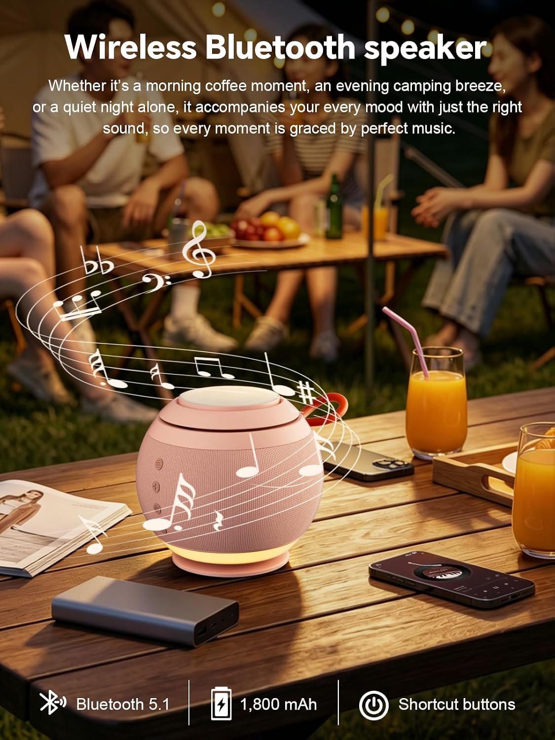 5 in 1 Wireless Charging Station with Bluetooth Speaker and Night Light, Magnetic Fast Charger Stand for iOS Phones, Smartwatch and Wireless Earbuds, Bedside Charging Station, Pink