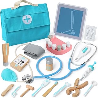 CUTE STONE Toy Doctor Kit for Kids, Wooden Toy Medical Kit with Real Stethoscope and Storage Bag, Pretend Play Dentist Set for Boys Girls, Toddlers Role Play Doctor Toys Gift for Age 3 4 5 6 Year Old
