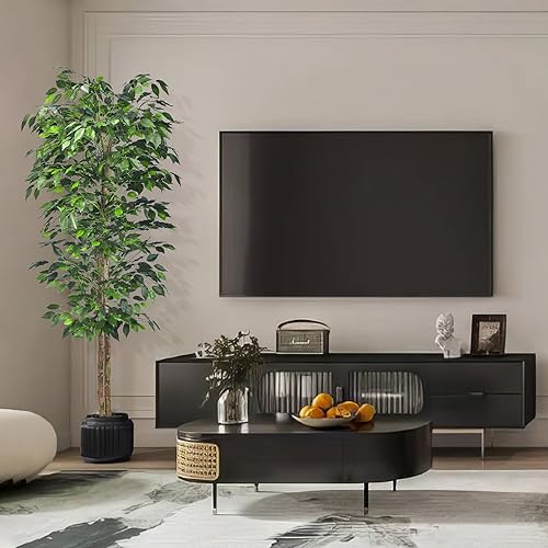 Miniatura 7 de 2 paquetes de árboles de ficus artificiales de 6 pies con hojas realistas y tronco natural, árbol de ficus sintético con maceta de plástico