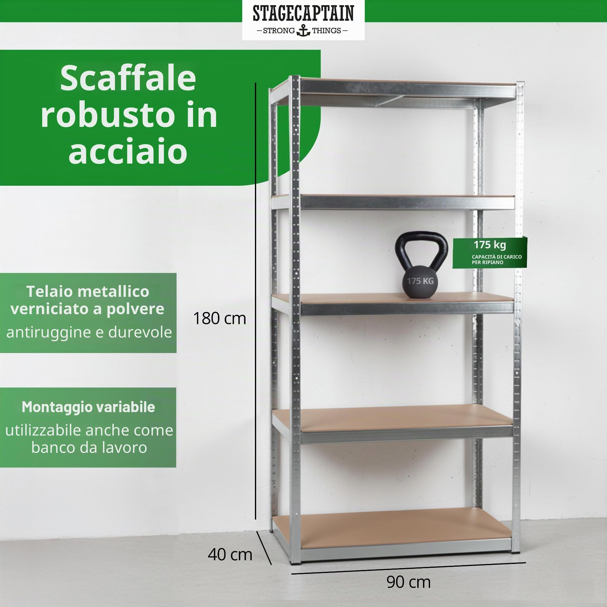 Stagecaptain Heavyrack HR-175 SR Sistema di 4 Scaffali in Metallo - Scaffalatura per magazzino - Scaffale per carichi pesanti - 875kg di capacità di Carico - 5 ripiani in legno regolabili - Argento