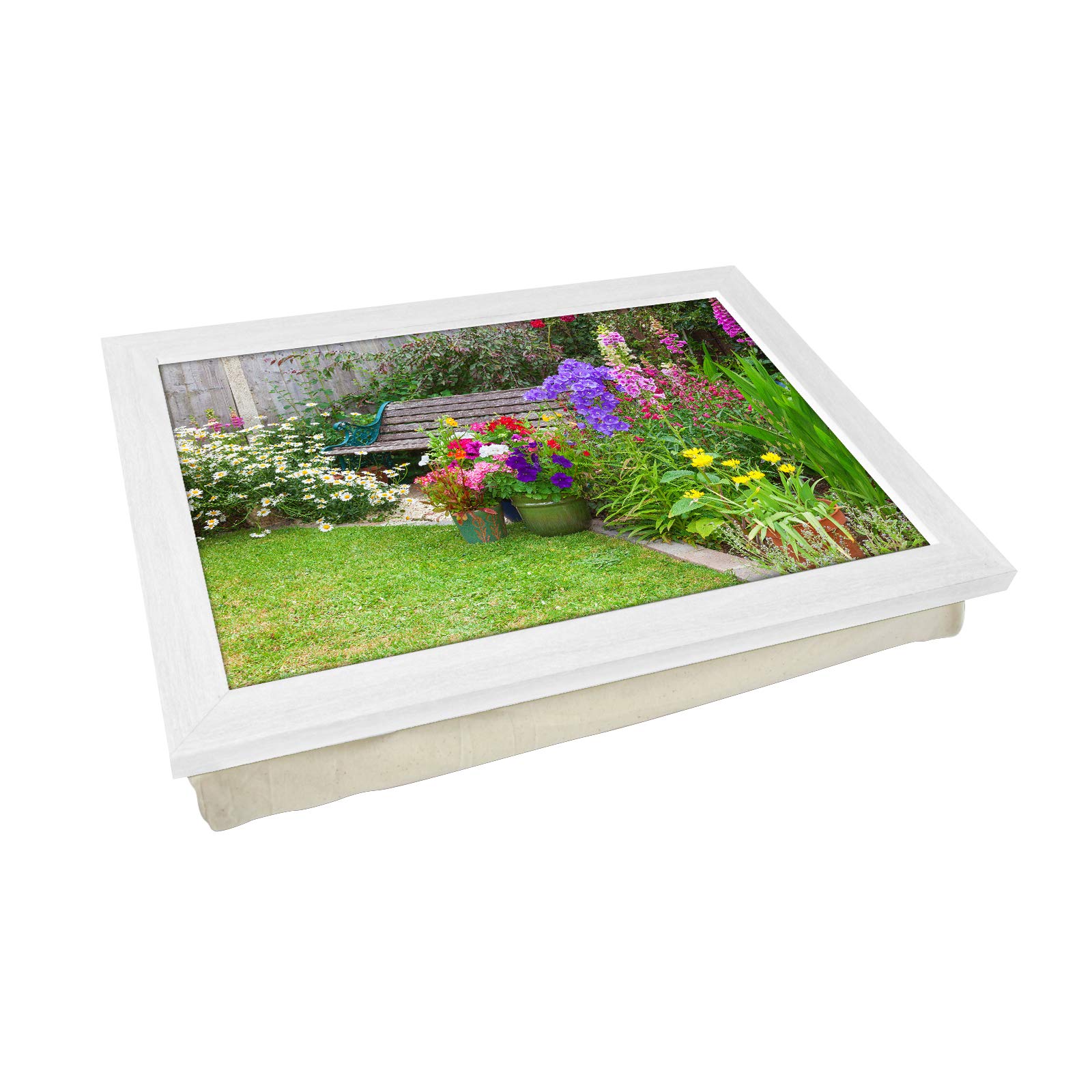 Portable Lap Desk Tray (Garden Bench) Handmade Wooden Frame, Beanbag Cushioned Bottom | Computers, Laptops, Meals, Food | L0228 White
