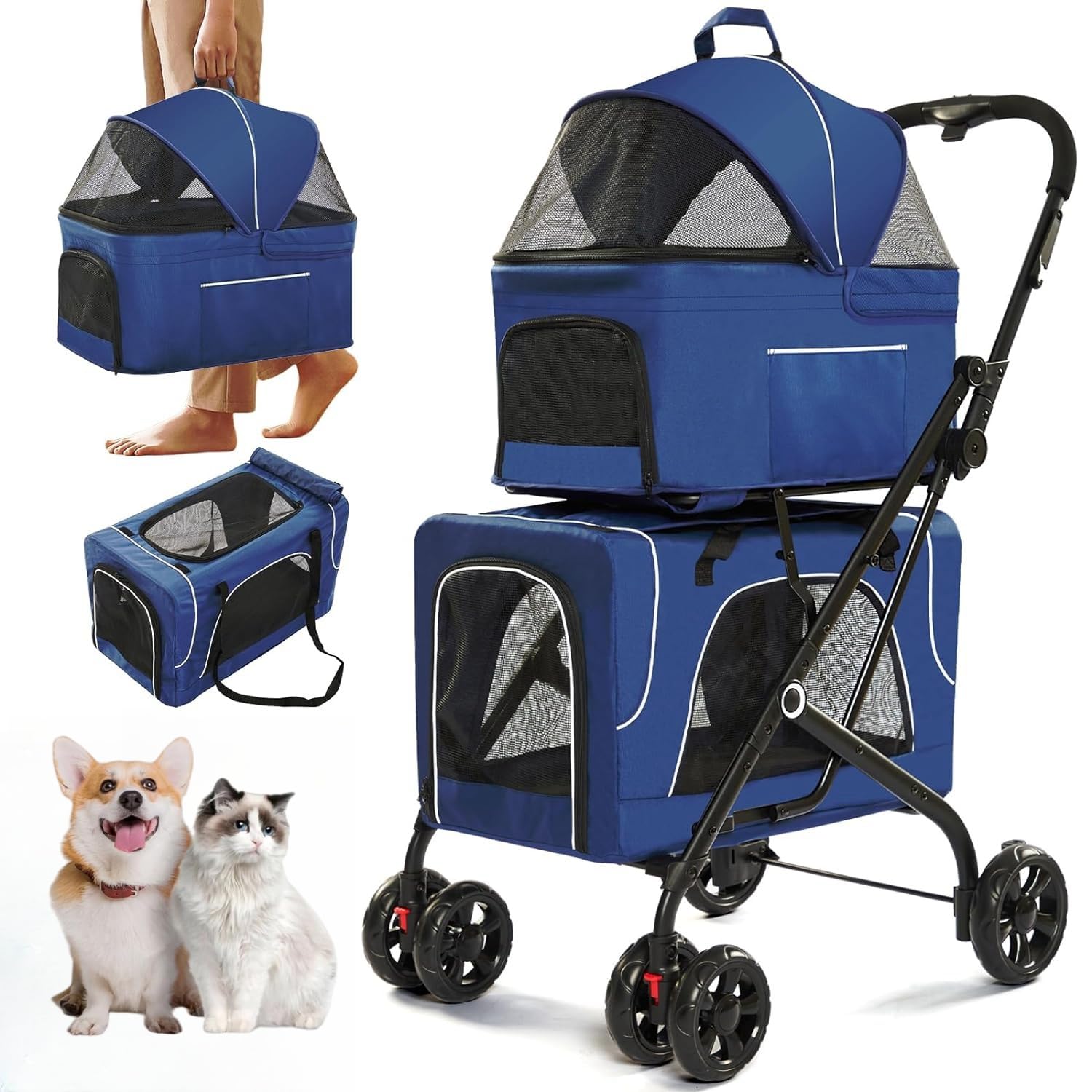 Double Dog Stroller for 2 Dogs, Detachable Carriers, Safety Belt, Lockable Wheels, Pet Travel Carrier Strolling Cart, Folding Cat Stroller for Small