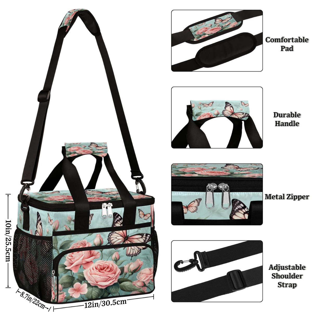 Butterfly Insulated Picnic Backpack Lunch Box for Women Men Picnic Basket Tote Lunch Bag Picnic Bag Portable Lunch Bags for Picnic, Beach, Work, Trip,Office, Camp Peony Roses