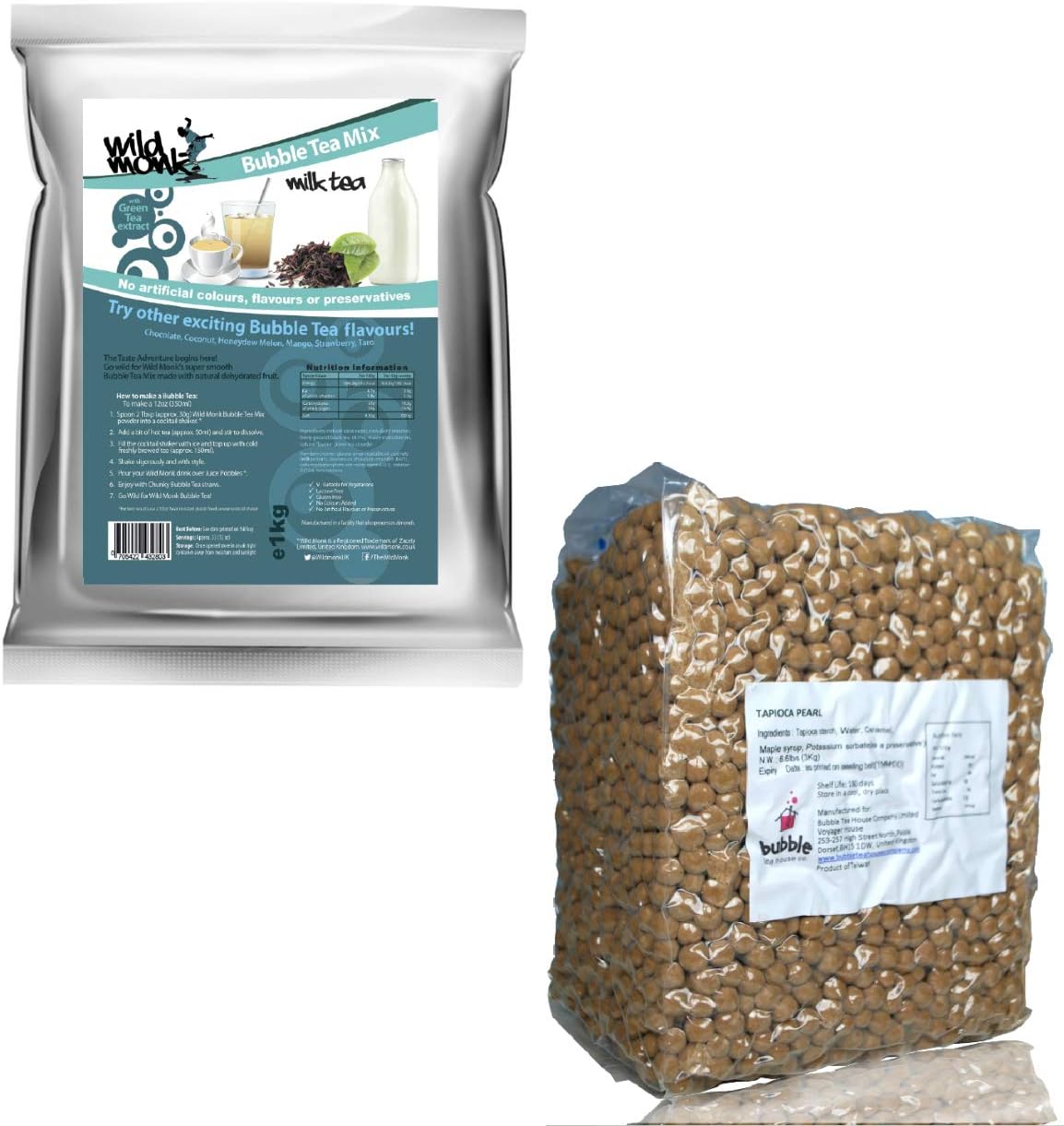 Wild MonkPremium Bubble Tea Kit - Milk Tea Bubble Tea Powder (1kg/33 Servings) and 3kg Black Tapioca Pearls Gluten Free Brown Sugar Flavor. Perfect for Bubble Tea Halal Certified