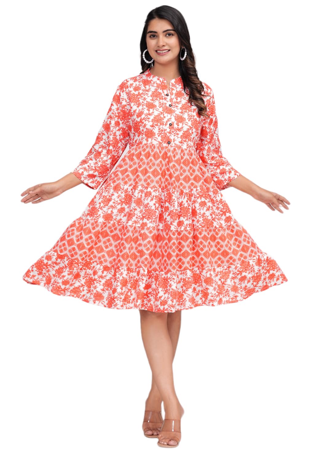 Jikonet Women's Western Dress | Midi Dress Summer Short Dresses For Women (Small, Pinkish Orange)