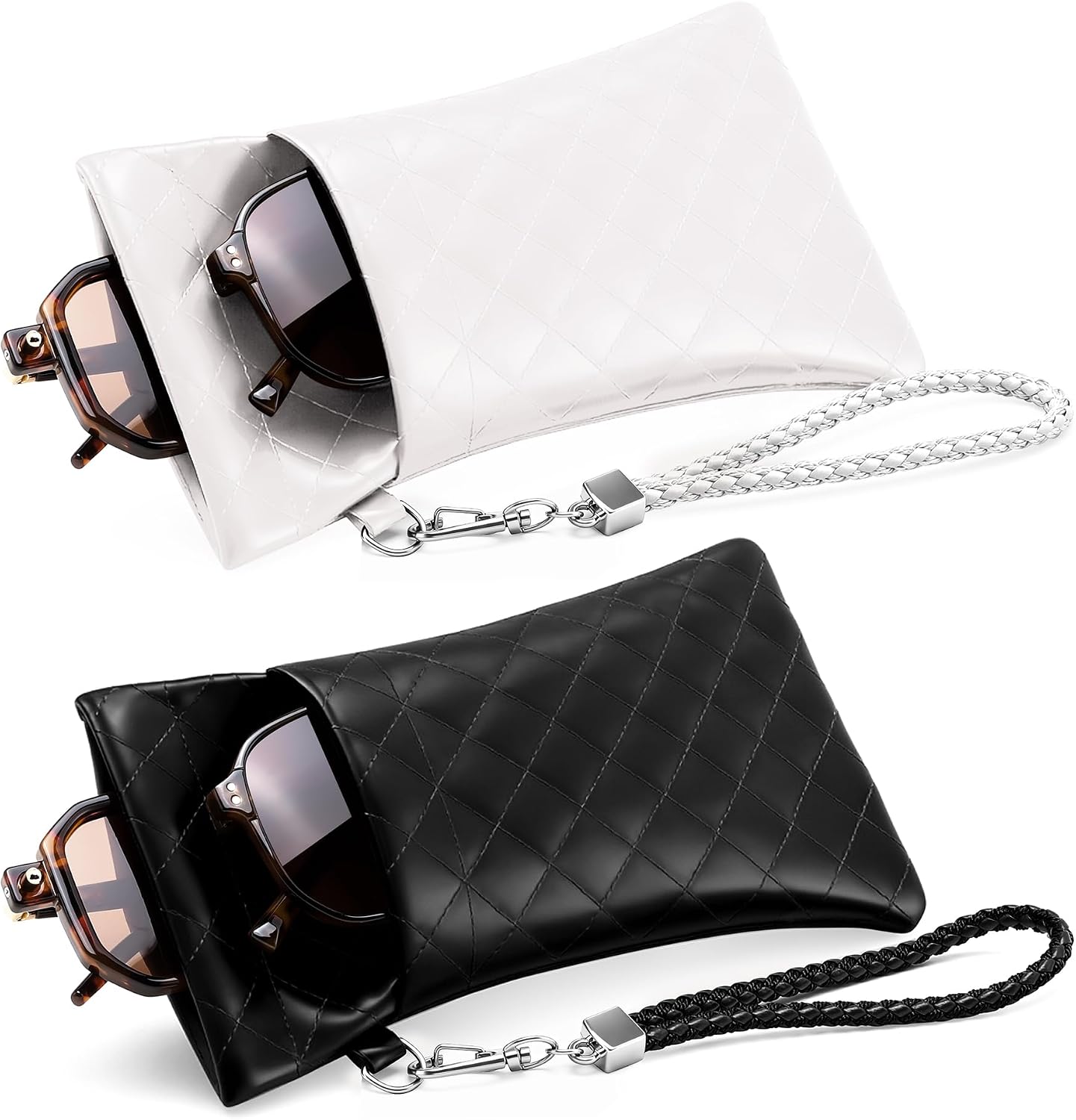 FEISEDY 2Pack Double Glasses Case Soft Eyeglass Pouch Squeeze Top Sunglasses Bag with Wrist Strap B0363