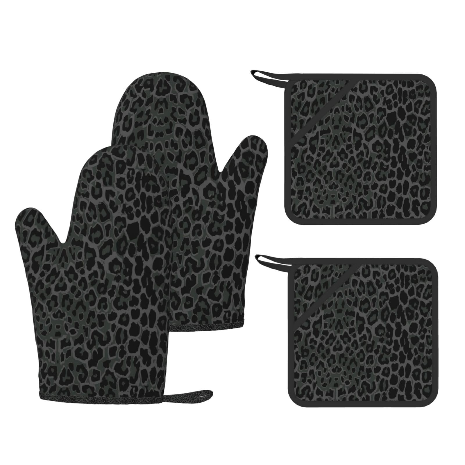 Juego de Cuatro Piezas de Guantes y Manoplas Resistentes al Calor para Hornear, Guantes de Cocina Antideslizantes, Manoplas para Horno, Estampado de Leopardo Negro sin Costuras.
