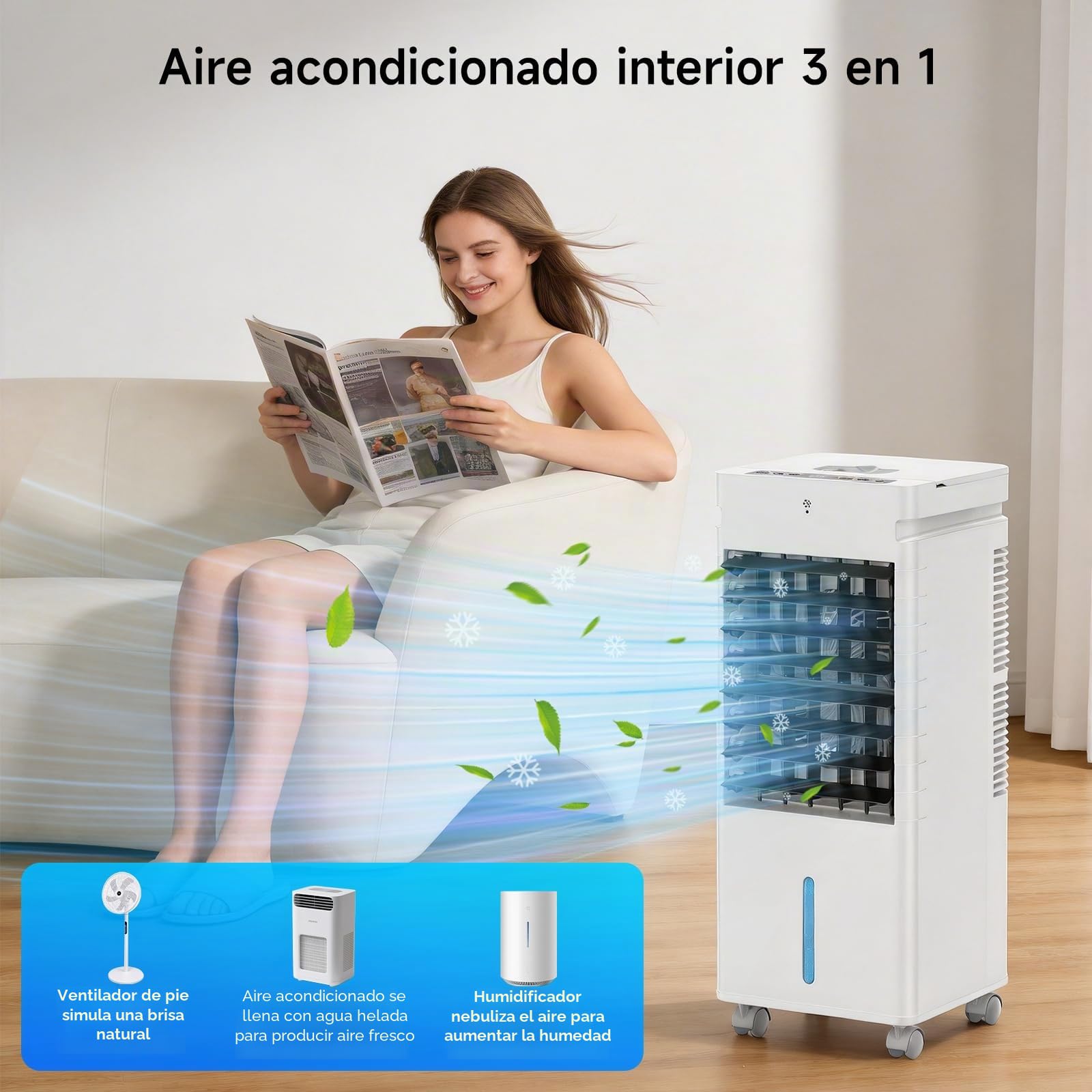 Aire Acondicionado Portátil, Enfriador de Aire por Evaporación con Ventilador de 20W, Depósito de 12L y Cristales de Hielo – 3 Modos, 12 Velocidades, Oscilación, Temporizador y Mando a Distancia