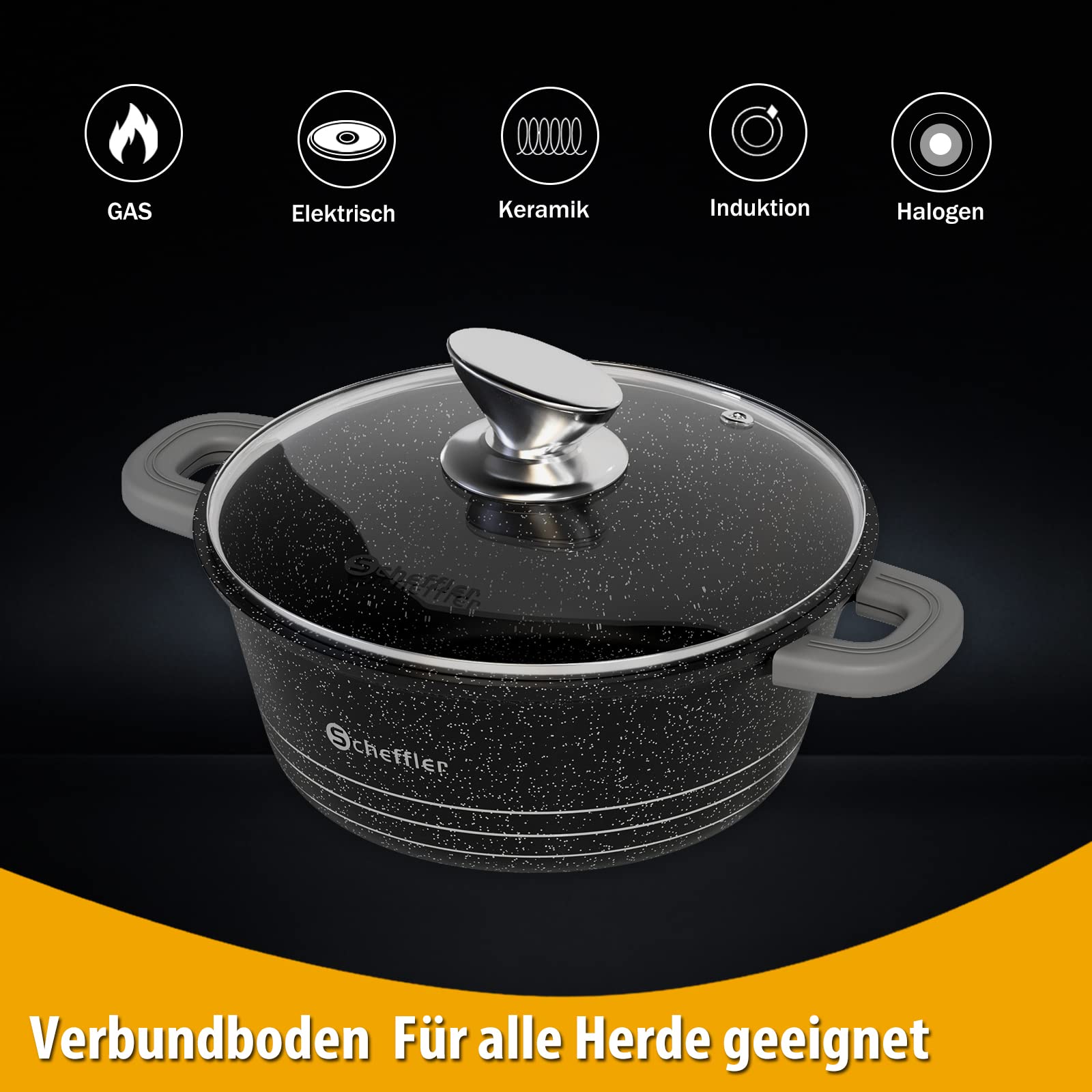 Topf Scheffler Schmortopf Induktion 20cm/2,2L Kochtopf mit Glasdeckel | Aluminiumguss, Antihaftbeschichtung , Aluguss, 2 Silikon Griffschutz, für alle Herdarten Schwarz