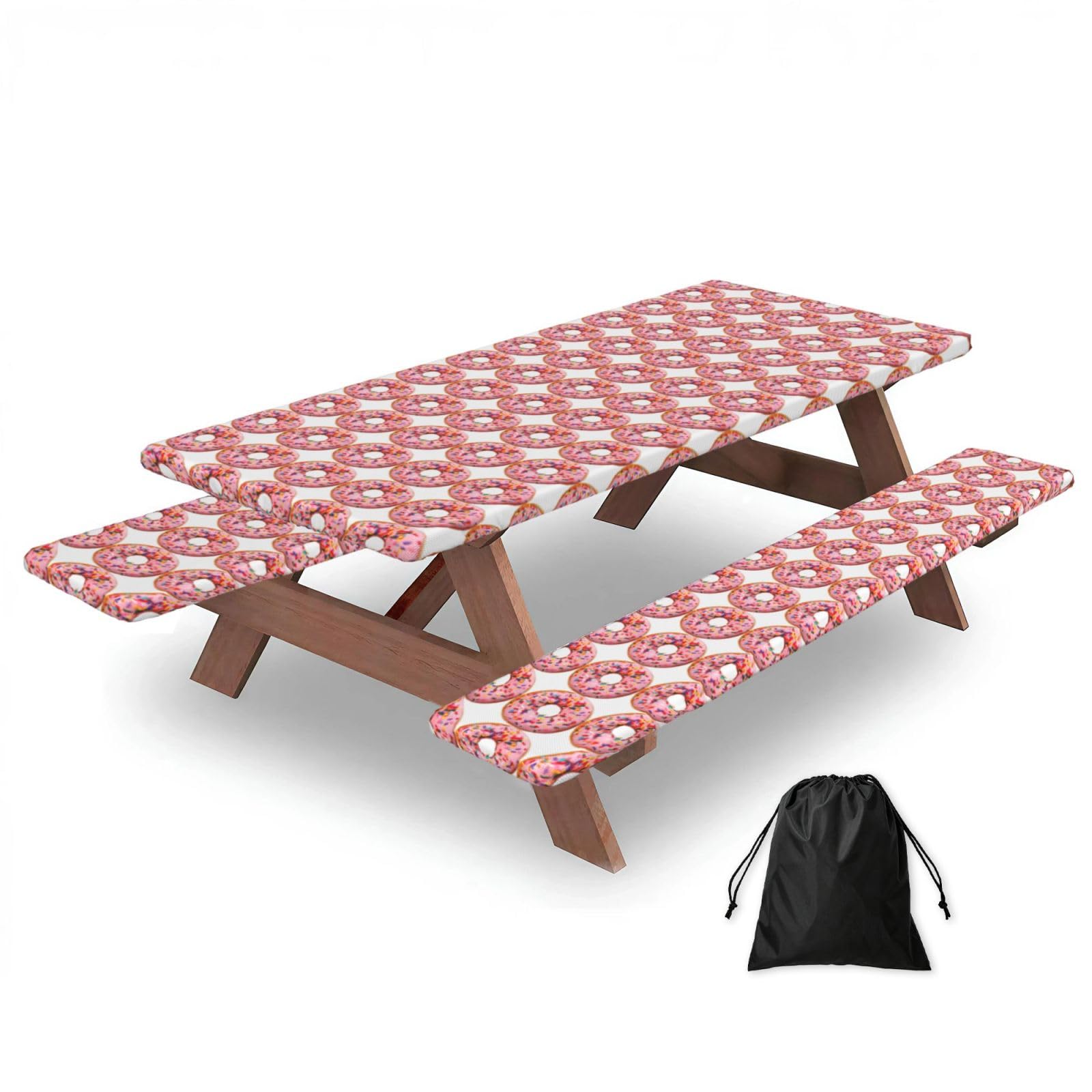 Zyjhyy Black Strawberry Donut Print Party Table Covers With Bench Covers Set Of 3 Picnic Table Cloth Wipe Clean For Garden Camping