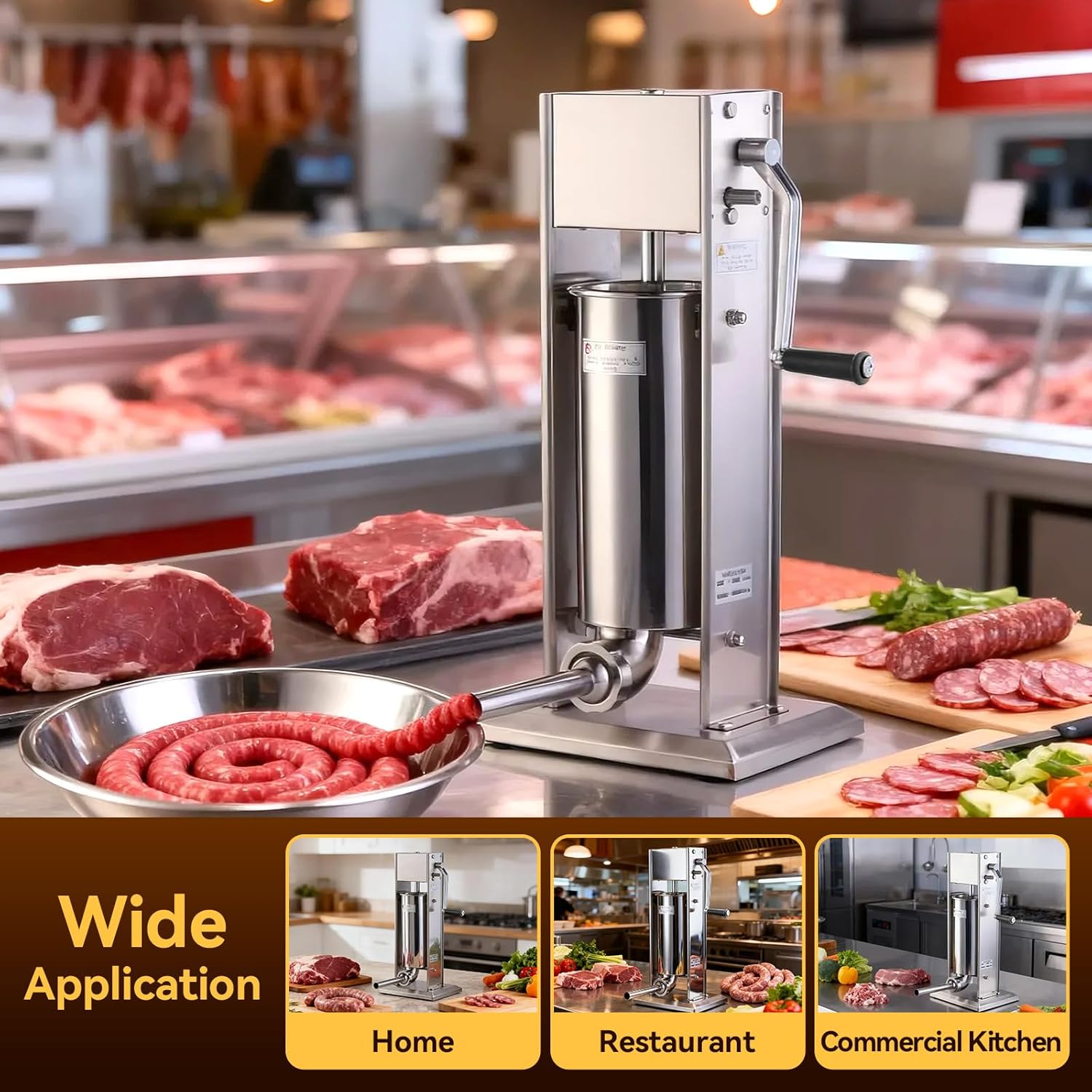 Malphi 15 Lb/7 L Sausage Stuffer 2 Speed Stainless Steel Vertical Sausage Maker with 4 Filling Tubes