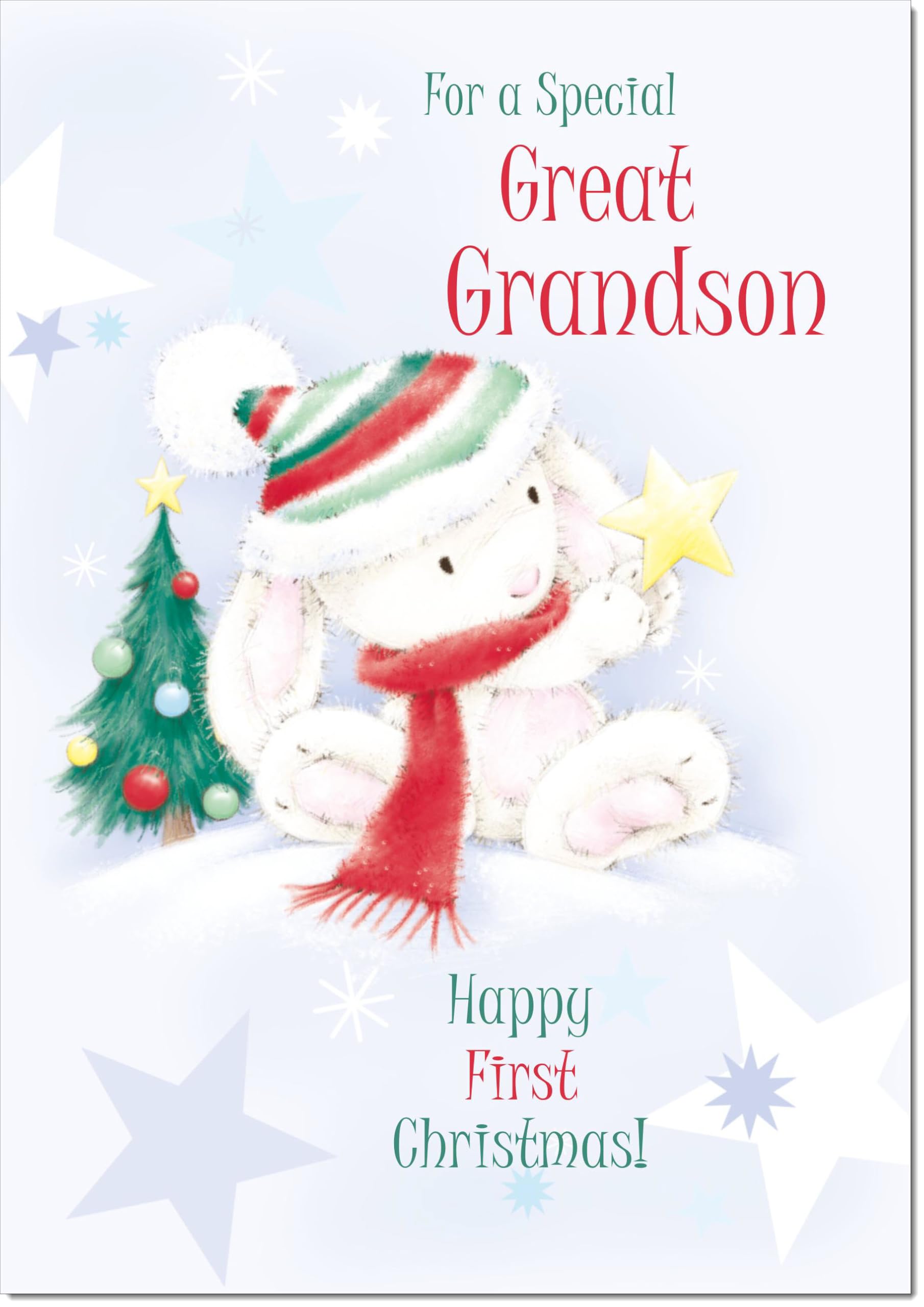 doodlecards Great Grandsons 1st First Christmas Card Cute Rabbit with Star Large A4 Size Christmas Card for Great Grandsons 1st with Plain Envelope โ image 1