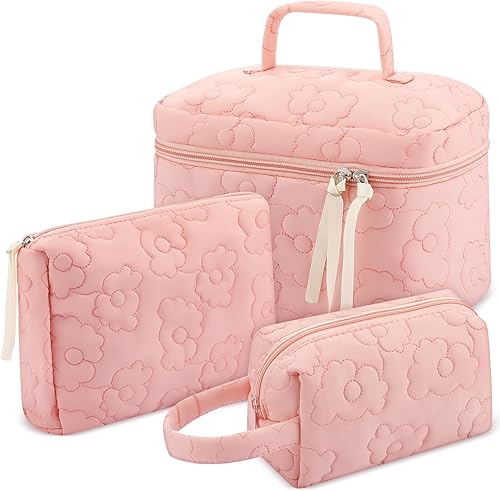 Paterr Juego de 3 bolsas de maquillaje acolchadas de algodón, bolsa de cosméticos de coqueta, bolsa de viaje para artículos de tocador, bonita bolsa