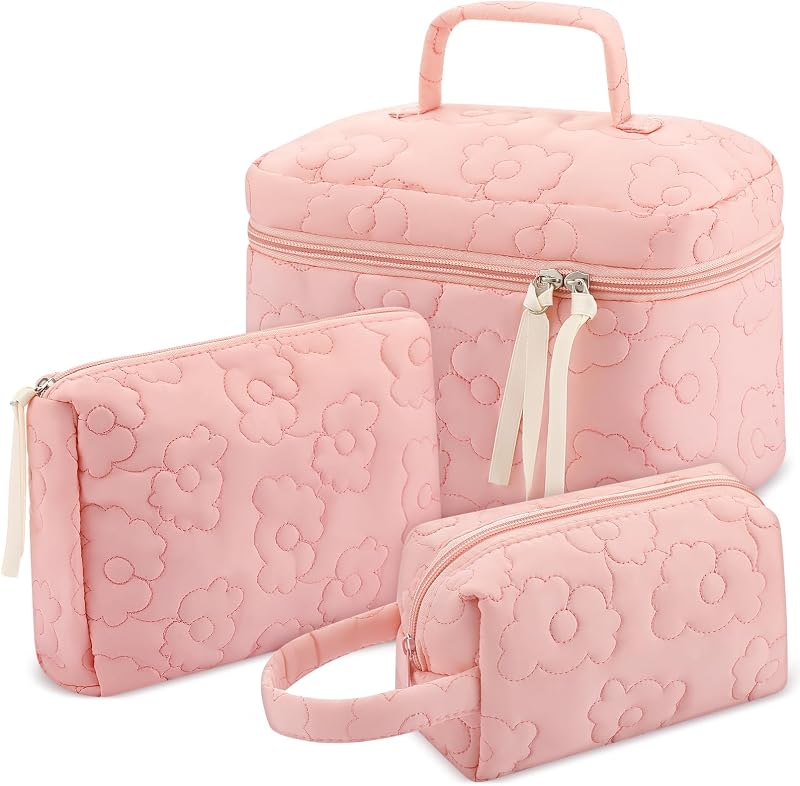 Paterr Conjunto de 3 Estojos para Cosméticos em Algodão Matelassê, Rosa com Estampa Floral