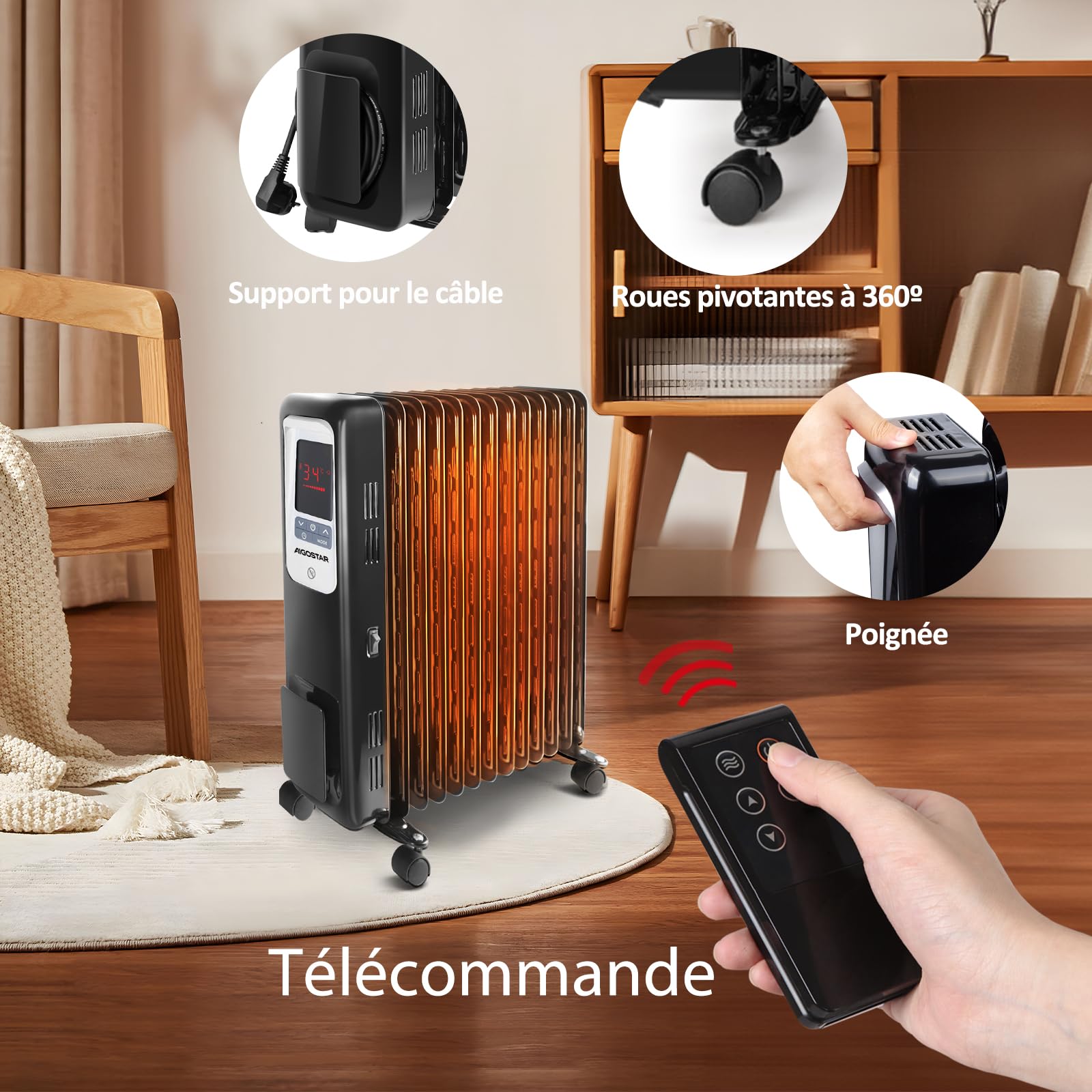 Aigostar Oil Monster - Radiateur à bain d’huile 2500W, 13 éléments chauffants. 3 modes + ECO, minuterie 24h, thermostat réglable. Écran LED, télécommande, silencieux.