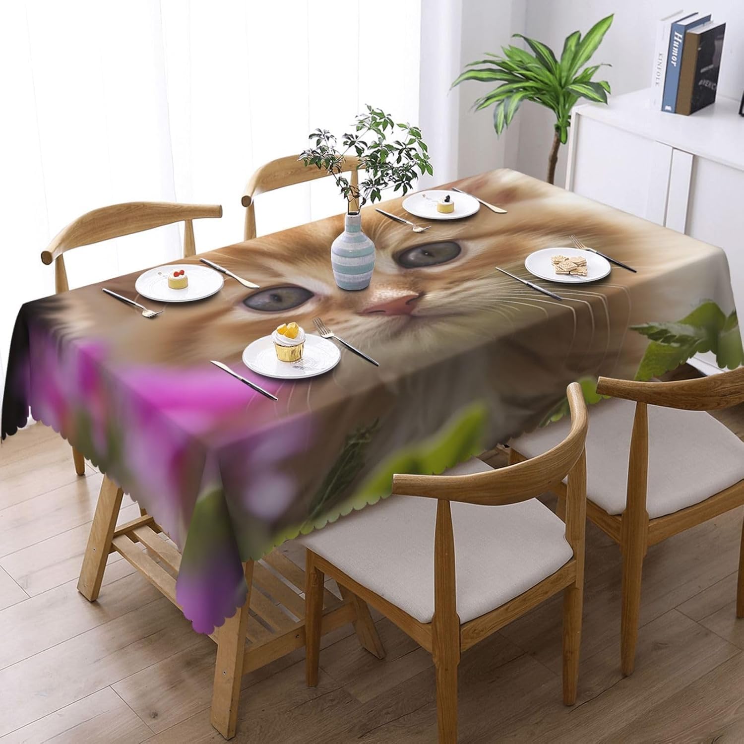 Prostokątny obrus 140 x 300 cm kot kot zwierzę domowe, tkanina poliestrowa odporna na plamy i zmywalna, ochraniacz na stół dla 8-10 osób, do użytku w kuchni, salonie, wewnątrz i na zewnątrz, 5421v