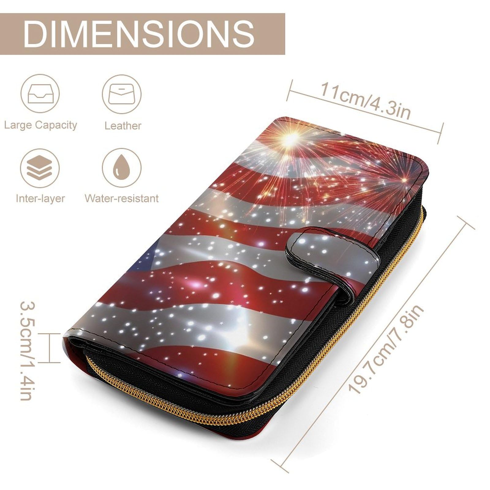 USA Flag Celebration Fireworks Long Wallet PU Leather Credit Card Holder Durable Zippered Purse Clutch Wallet