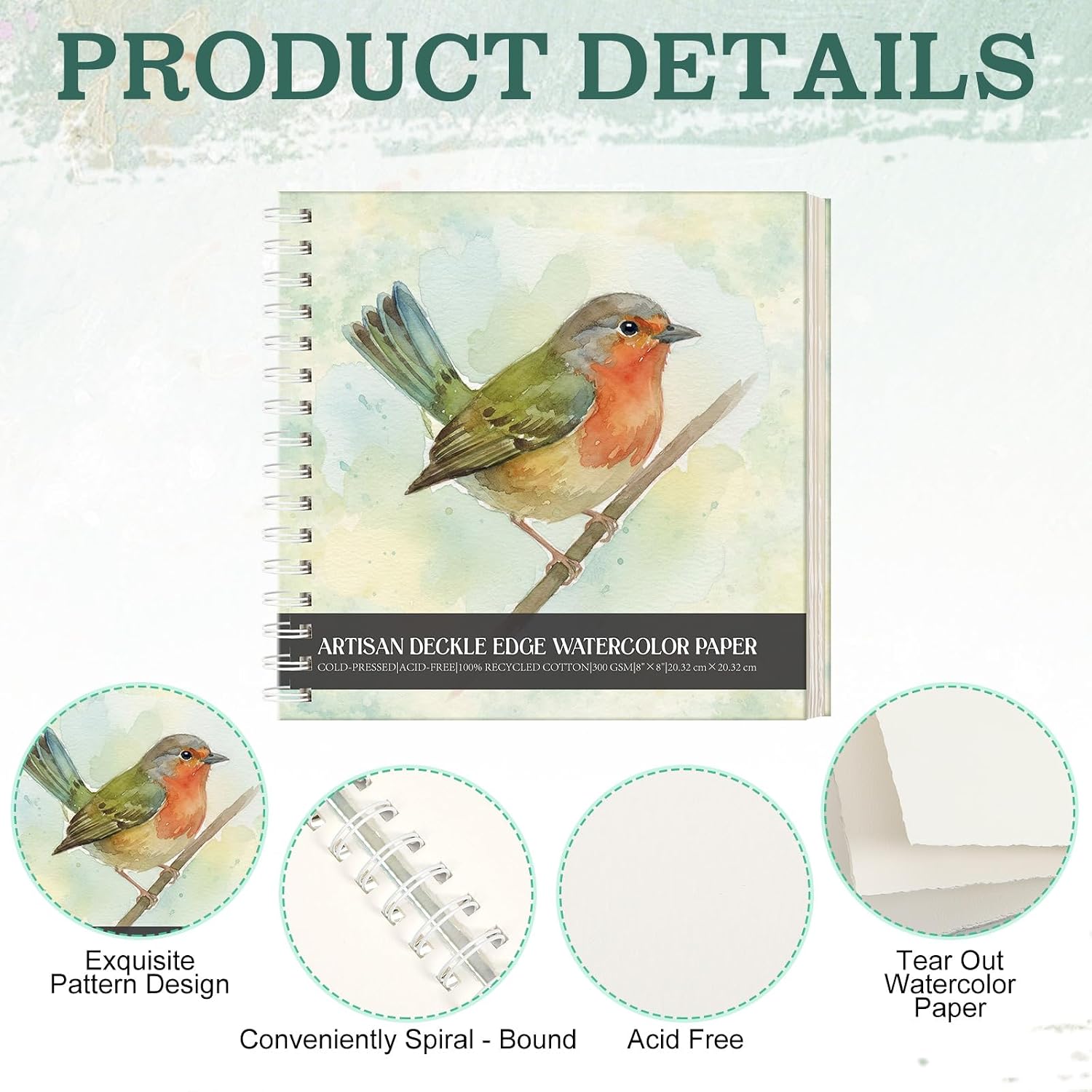 ForraFun 2-Pack Tear-Out Watercolor Journal - 8"x8", 350 GSM Cold Press Paper, Handmade Deckle Edge, 44 Total Sheets - Ideal for Watercolor, Gouache, Sketching, Art Gift