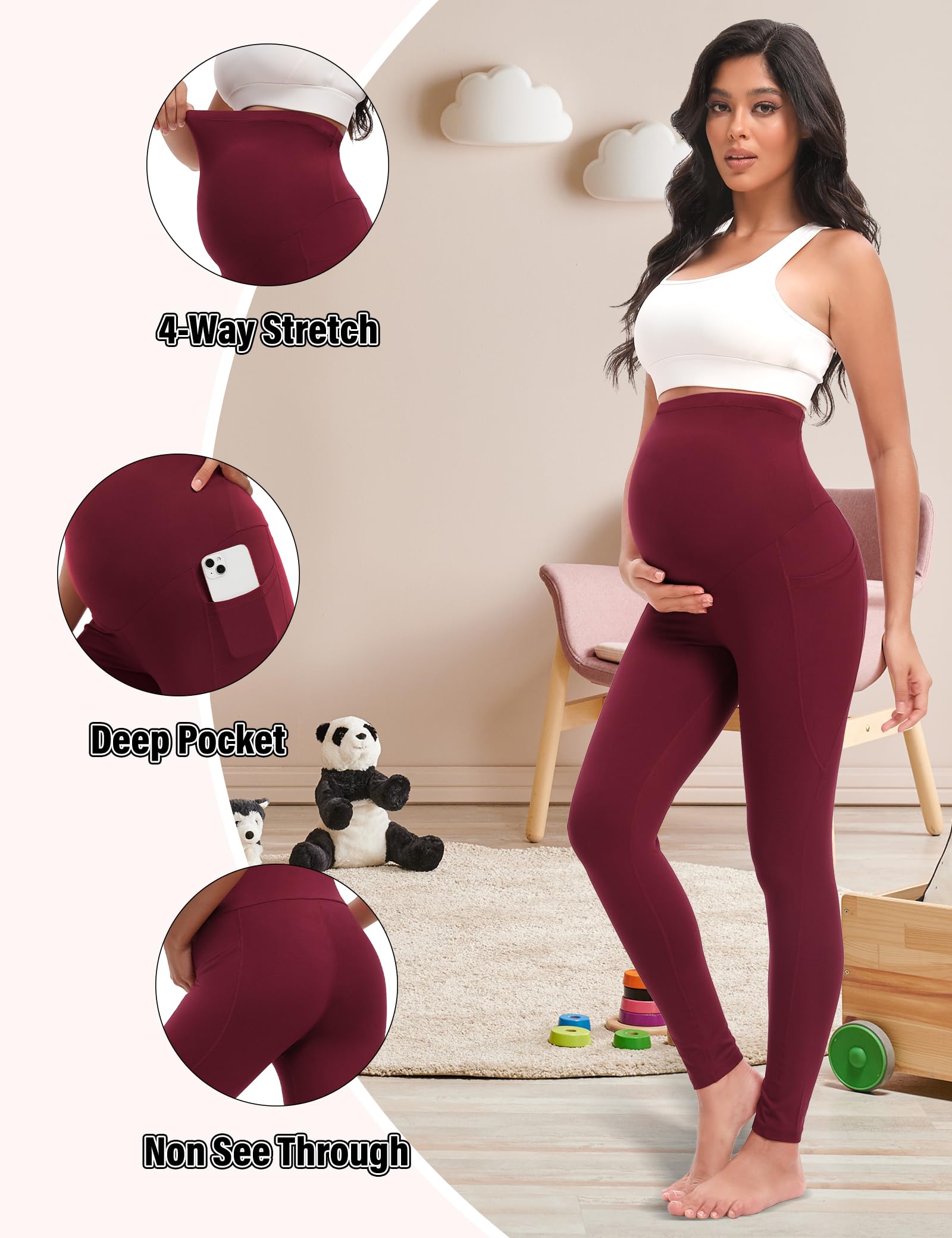 Siimcuzy Paquete de 4 leggings de maternidad para mujer con bolsillos sobre el vientre, pantalones de yoga para entrenamiento, ropa deportiva