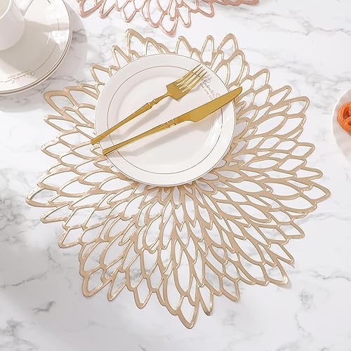 Miniatura 7 de Juego de 4 manteles individuales redondos dorados metálicos de vinilo de PVC, huecos, para comedor, cocina, decoración para Acción de Gracias, boda,