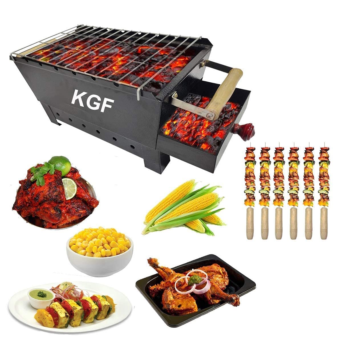 Sponsored Ad - KGF Charcoal Barbeque Grill Set for Home with 6 skewers, 1 Tong, 1 Gloves (Out Door BBQ), Black (KF-04-BT)