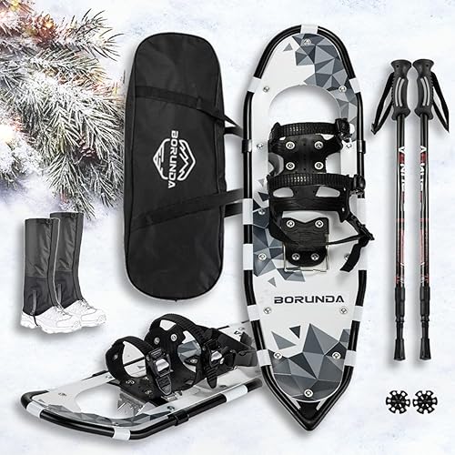 BORUNDA 4-in-1 Lightweight Terrain Snowshoes Set for Men Women Youth Kids, Light Weight Aluminum Alloy Terrain Snow Shoes with Trekking Poles,Waterproof Snow Leg Gaiters and Carrying Tote Bag Light weight Snow Shoes Easy to Wear