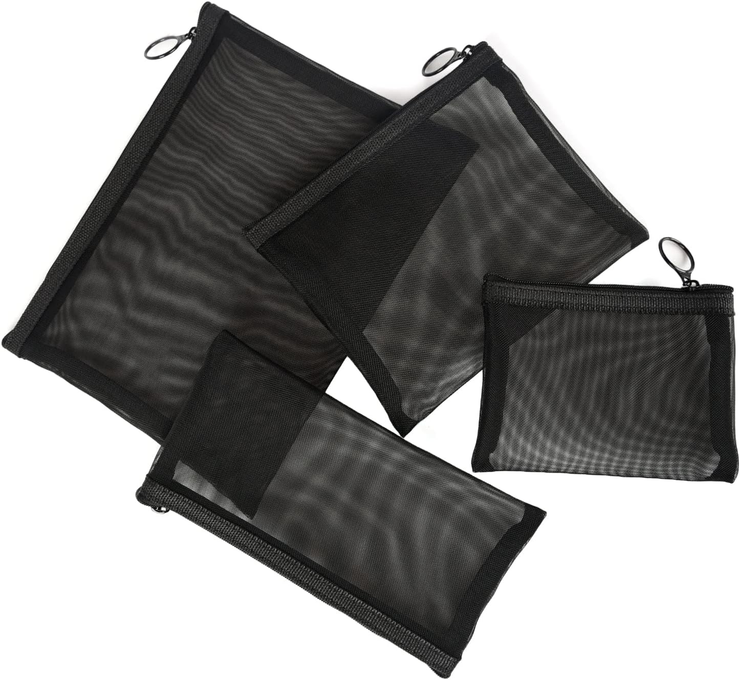Patu Zipper Mesh Bags, Pack of 4 (S/M/L & Pencil Pouch), Beauty Makeup Cosmetic Accessories Organizer, Travel Toiletry Kit Set Storage Case, Black