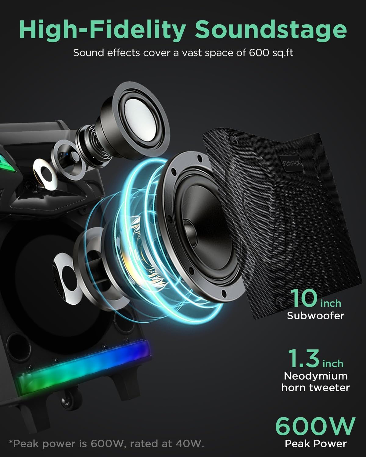 DSP Altavoz Karaoke Portátil, 2 Micrófonos Inalámbricos, Sistema PA 10", Auriculares incluidos, Luz de Fiesta DJ/Efectos de Sonido/Bluetooth/Luces DJ/FM/USB-C GTSK10-1