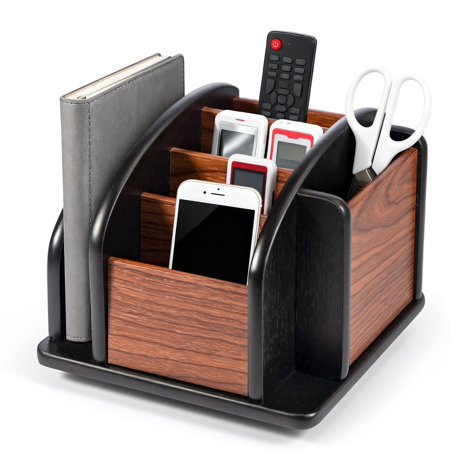 Sunnynest Brow Remote Control Holder, Wood Rotating Remote Caddy 6-Compartment Spinning Remote Control Holder For Table Wooden Revolving Office Supplies Desktop Storage Organizer For Pen