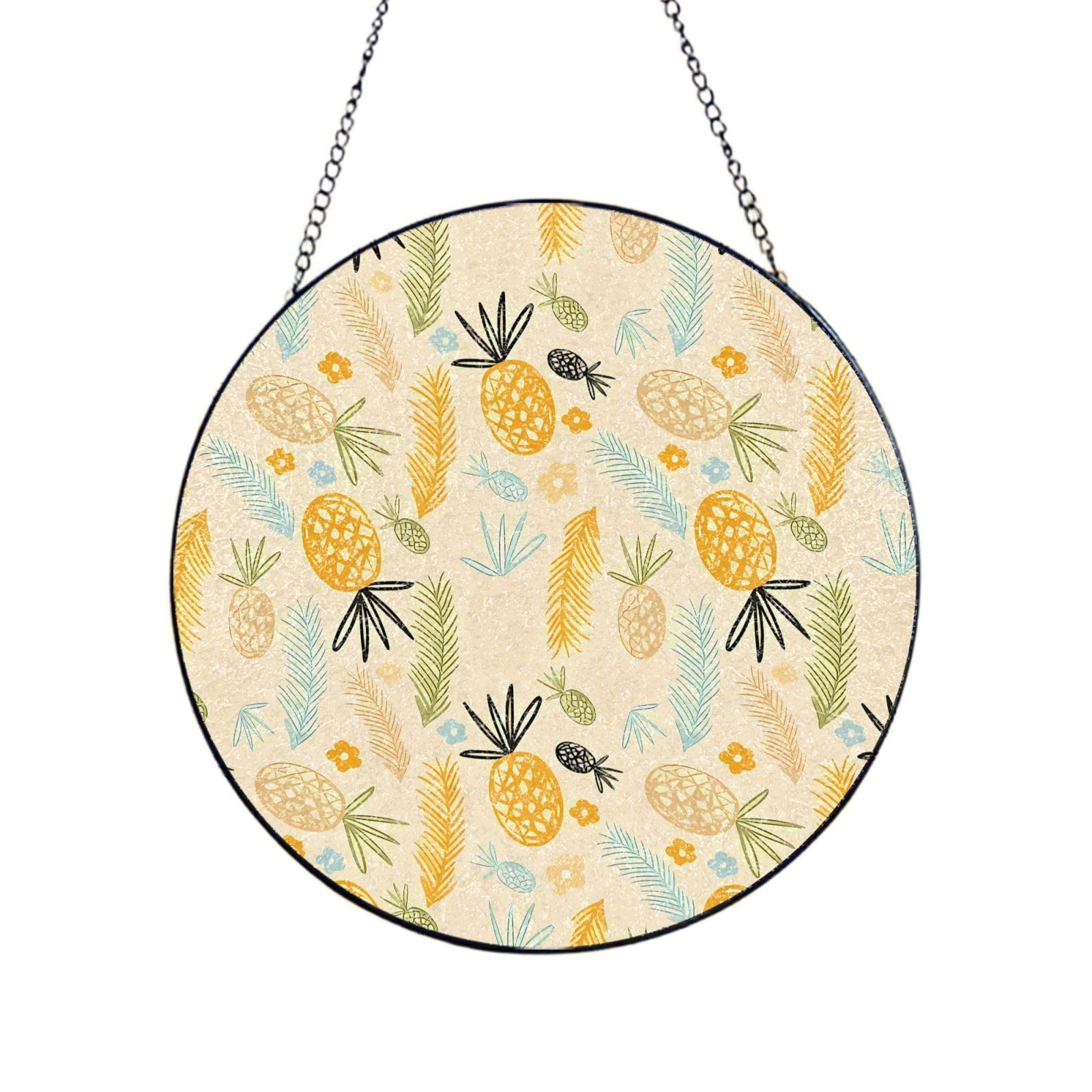 Phayah Pineapple Pattern Print Glass Window Hanging Round Suncatcher Glass Ornament Garden Wall Fence Decorations Indoor Outdoor 12in（30cm）