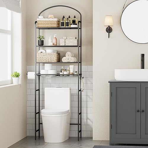 3-Tier Over The Toilet Storage, Bathroom Organizer, Space-Saving, Above Toilet Storage Rack with 4 Hooks and Paper Holder, Metal Shelf, White(Black,4-tier)