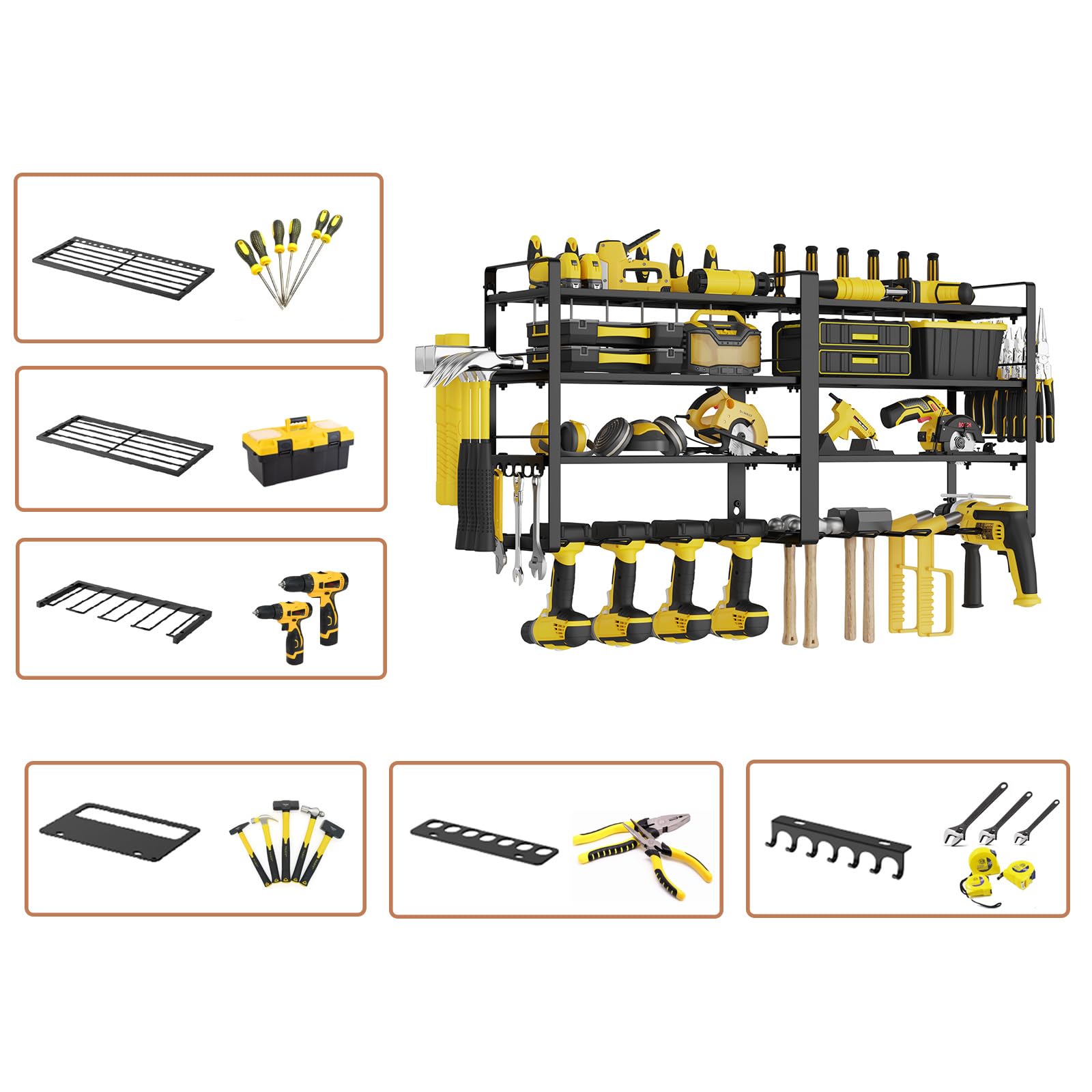 W-17 4-poziomowy metalowy organizer na narzędzia warsztatowe, z 4 dodatkowymi uchwytami na wiertarki (80 x 25 x 45 cm, 4 poziomy)