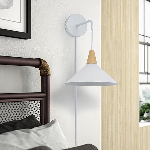 Lámpara de pared moderna con cable de enchufe para mesita de noche, luz de pared blanca para sala de estar, aplique de madera industrial, accesorio