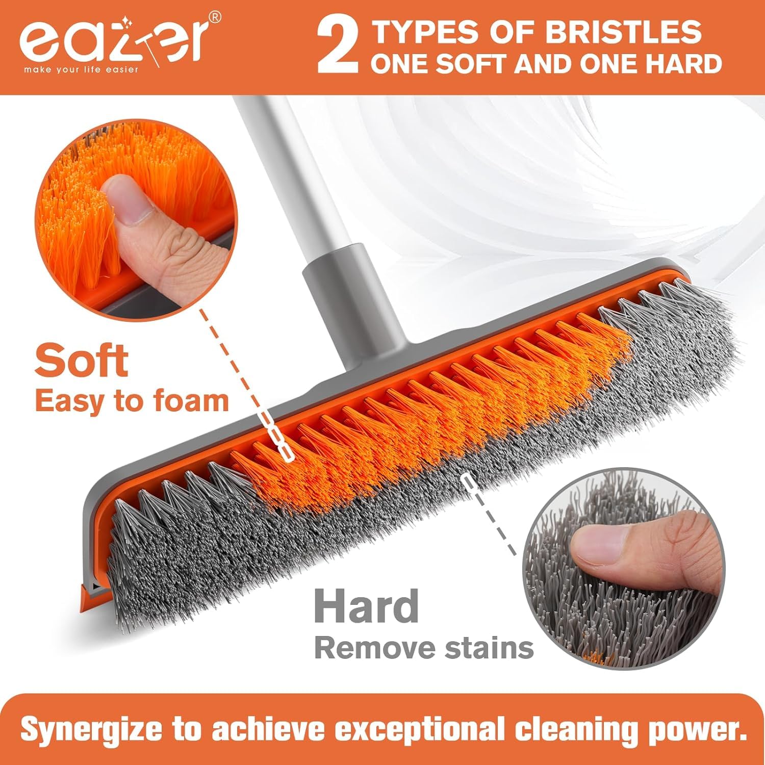 Eazer Cepillo de limpieza de suelo de 60 pulgadas, cepillo de limpieza 2 en 1 con mango largo, cepillo de cerdas suaves y duras para limpiar hormigón, escoba para piso, baño, cocina, pared, azulejos y