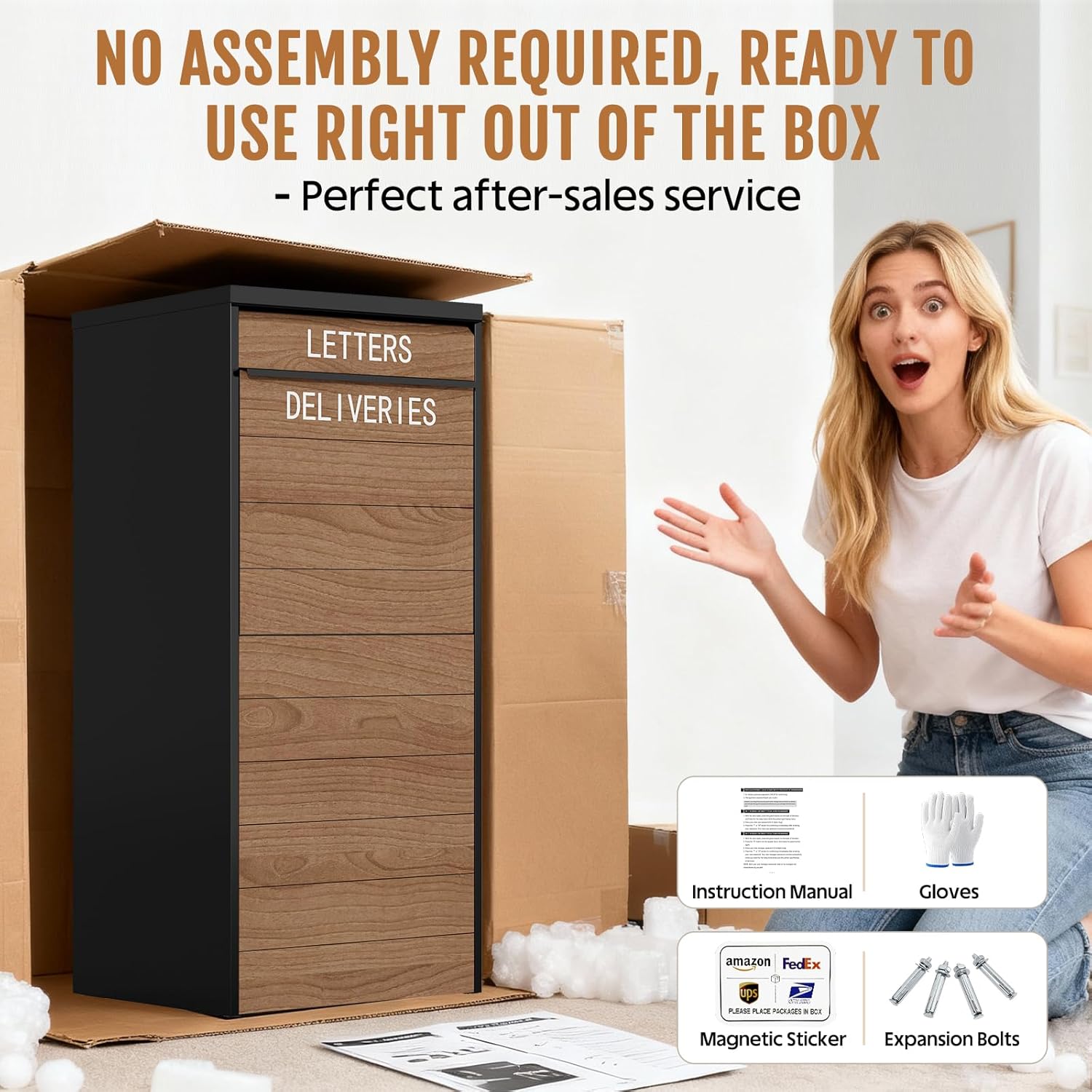 Package Delivery Box for Outside, 41.7” Large Parcel Drop Box with Woodgrain Finish, Anti-Theft & Waterproof Outdoor Package Lock Box for Porch, Yard, Home – Heavy Duty Steel Construction - Image 7