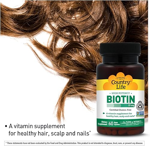 Miniatura 3 de Country Life Biotina de alta potencia, 10 mg, 60 unidades, certificado sin gluten, certificado vegano, verificado sin OMG