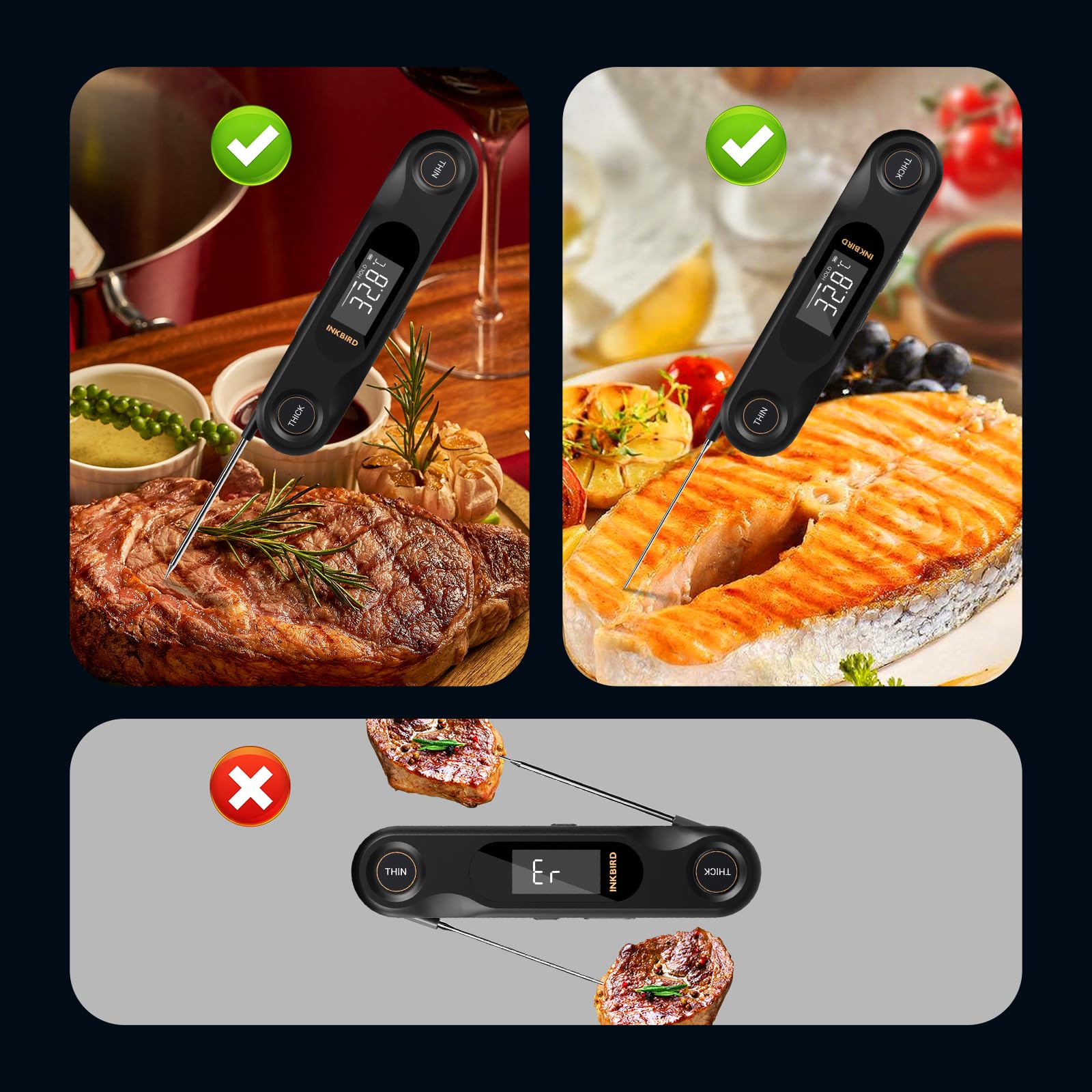 INKBIRD IHT-42K Termómetro digital para carne, termómetro de dos sondas, termómetro para barbacoa, sensor K, 0,5 segundos de visualización instantánea, activación por giro, termómetro de horno para