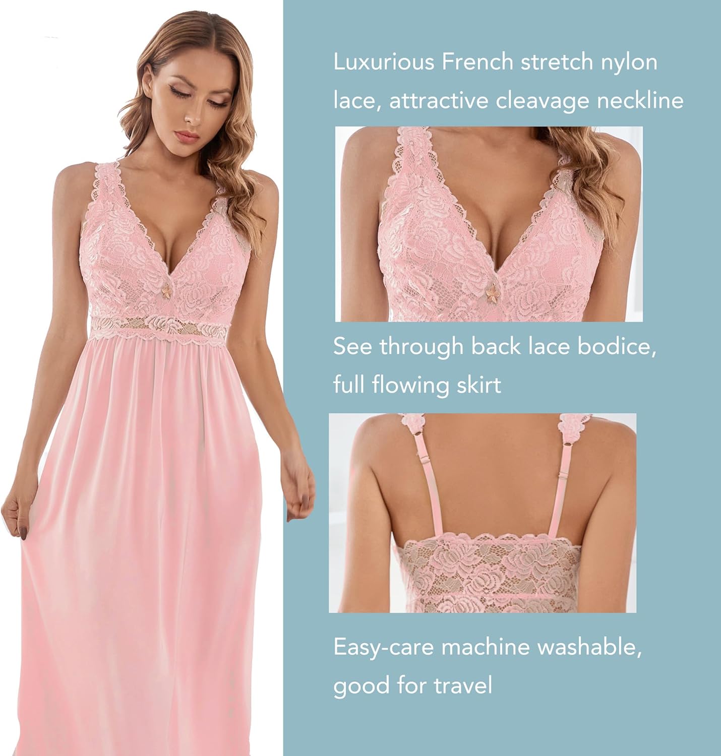 Mist Azur Womens Sexy Lace Long Lingerie Mesh Chemise V Neck Babydoll Nightdress with Thong Nightgown for Women - Image 3