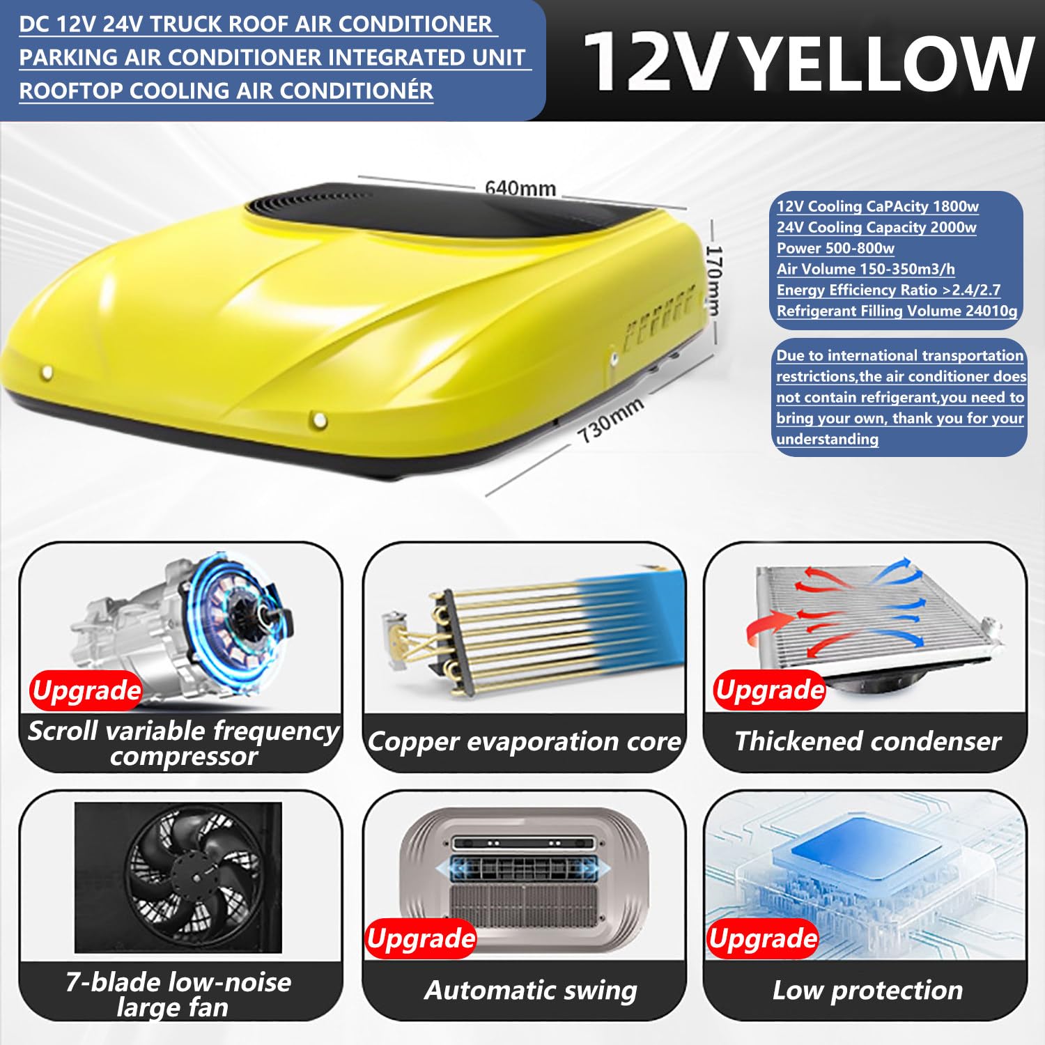 Klimatyzator dachowy do kampera, 12 V, 24 V, ulepszony z wyświetlaczem temperatury, moc chłodzenia 2000 W, przepływ powietrza 350 m³/h 360° do szybkiego chłodzenia w pojazdach