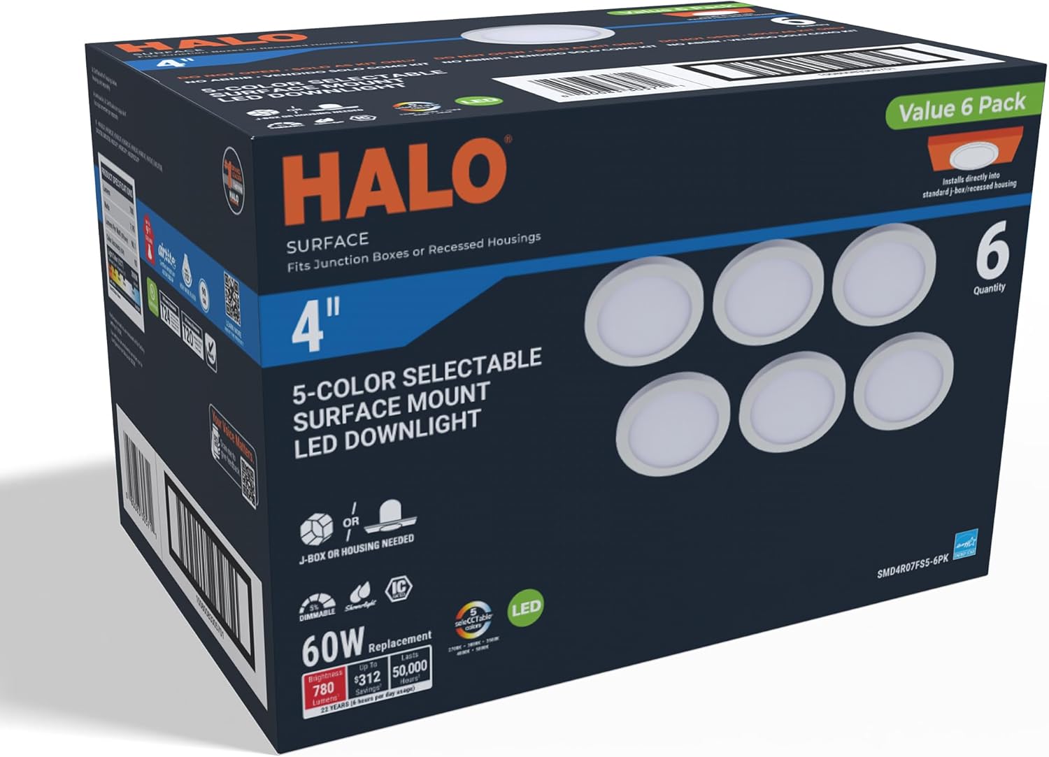 HALO 4 in Round Integrated LED Surface Mount Recessed Downlight Trim 6-Pack, Selectable CCT 2700K-5000K, Wet Rated for Shower and Outdoor Lighting Applications, Energy Star, White - SMD4R07FS5-6PK
