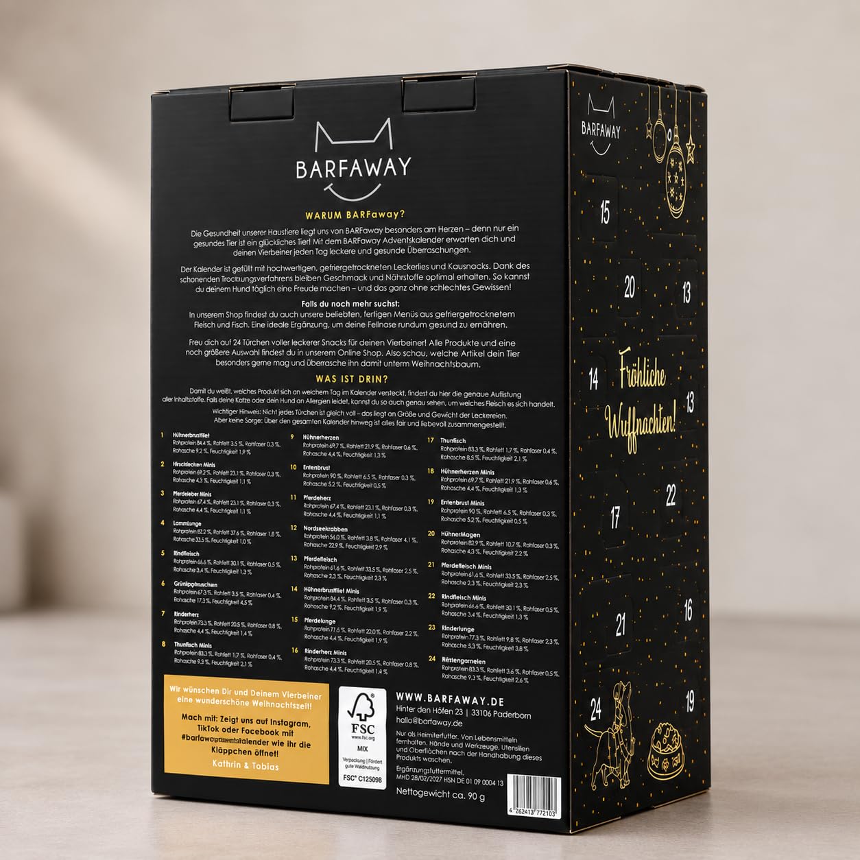 XXL Adventskalender für Hunde, 24 Verschiedene Überraschungen aus 100% Fleisch ohne Zusätze, Snacks, Kauartikel und Leckerlies