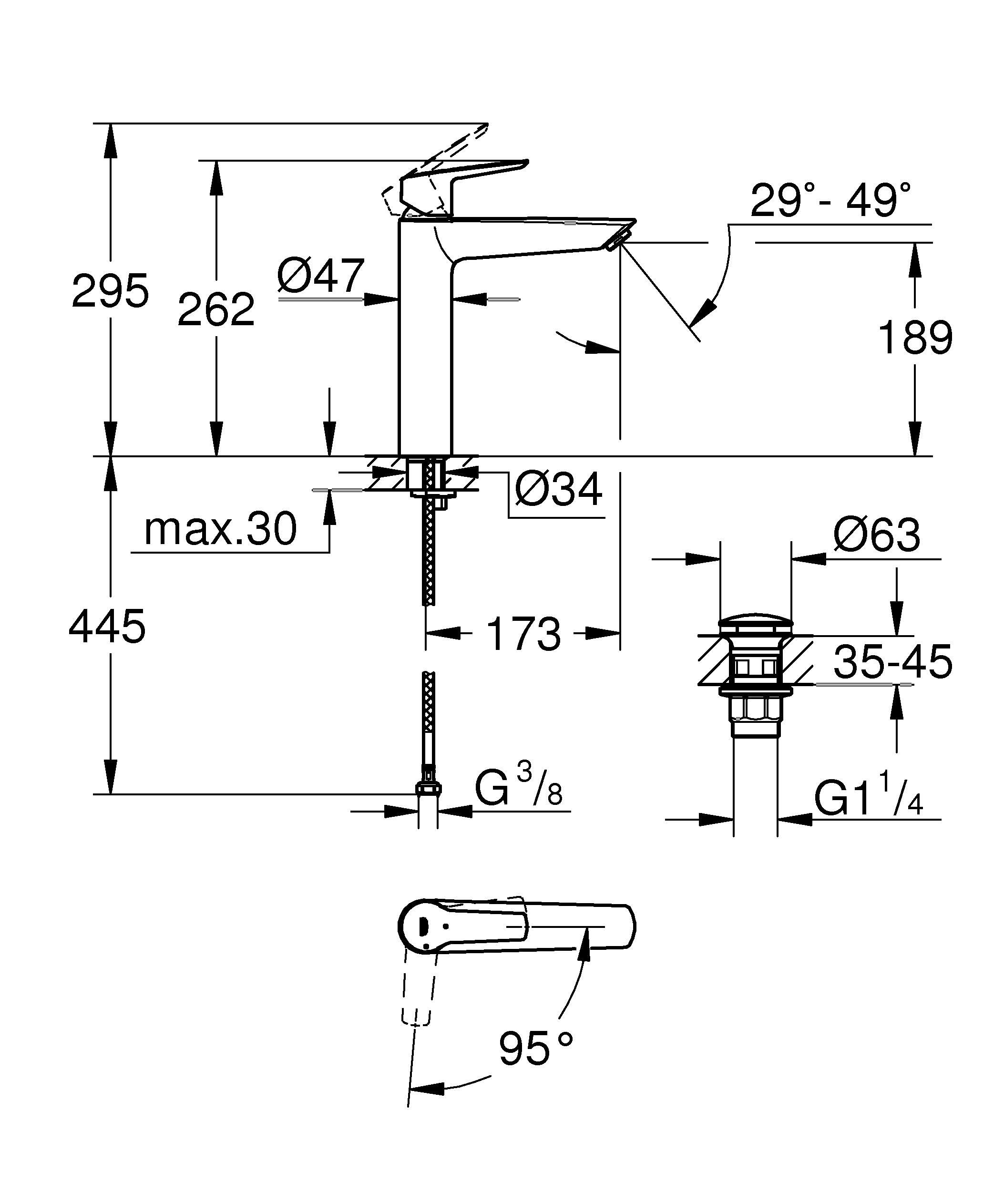 GROHE Start, Waschtischarmatur hoch, wassersparend (Wasserhahn für das Bad, Badarmatur mit Push-Open Ablauf, 26cm hoch, mit 3in1 Werkzeug, einfache Installation), chrom, 24165003