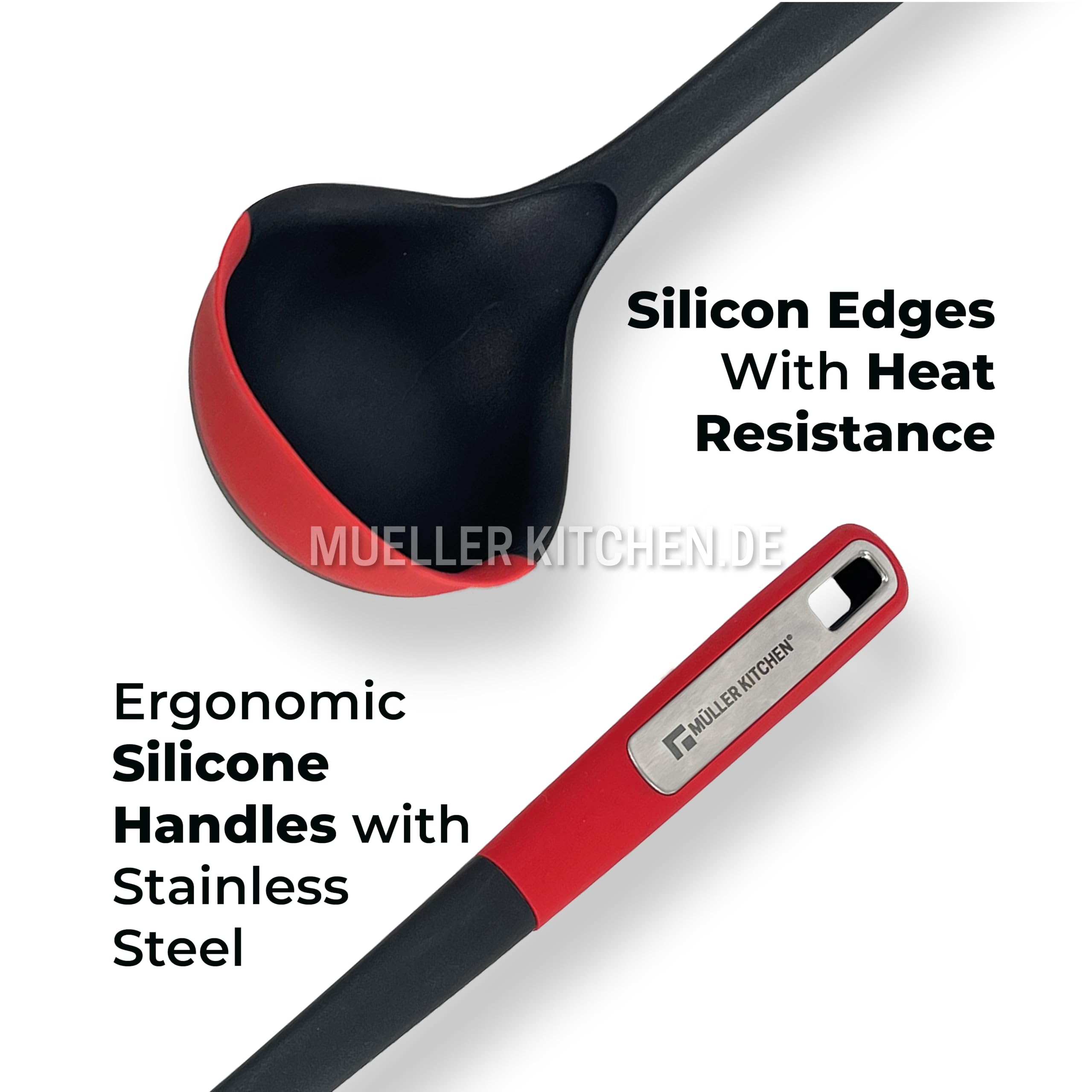Muller Kitchen MK-1611 7-teiliges Küchenhelfer-Set mit Silikonkanten, 360 Grad drehbarer Ständer, ergonomische Griffe aus Gummi und Edelstahl, für antihaftbeschichtetes Kochgeschirr