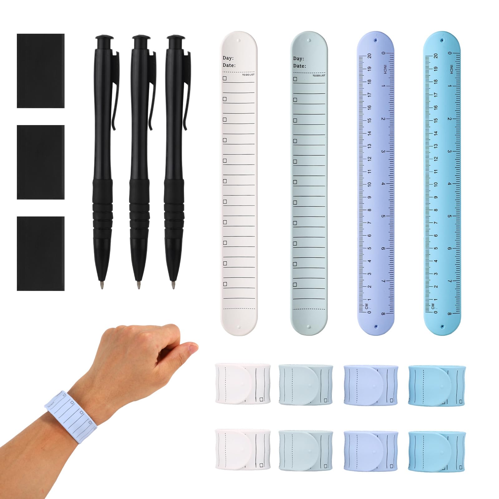 12pcs Wrist Notepad, 9.37x1.18x0.1in Erasable Silicone to Do List Reminder Bracelet Wearable Reusable Notes Memo Wristband with Pen Eraser Slap Ruler for Nurses Students Daily Planner (Color 2)