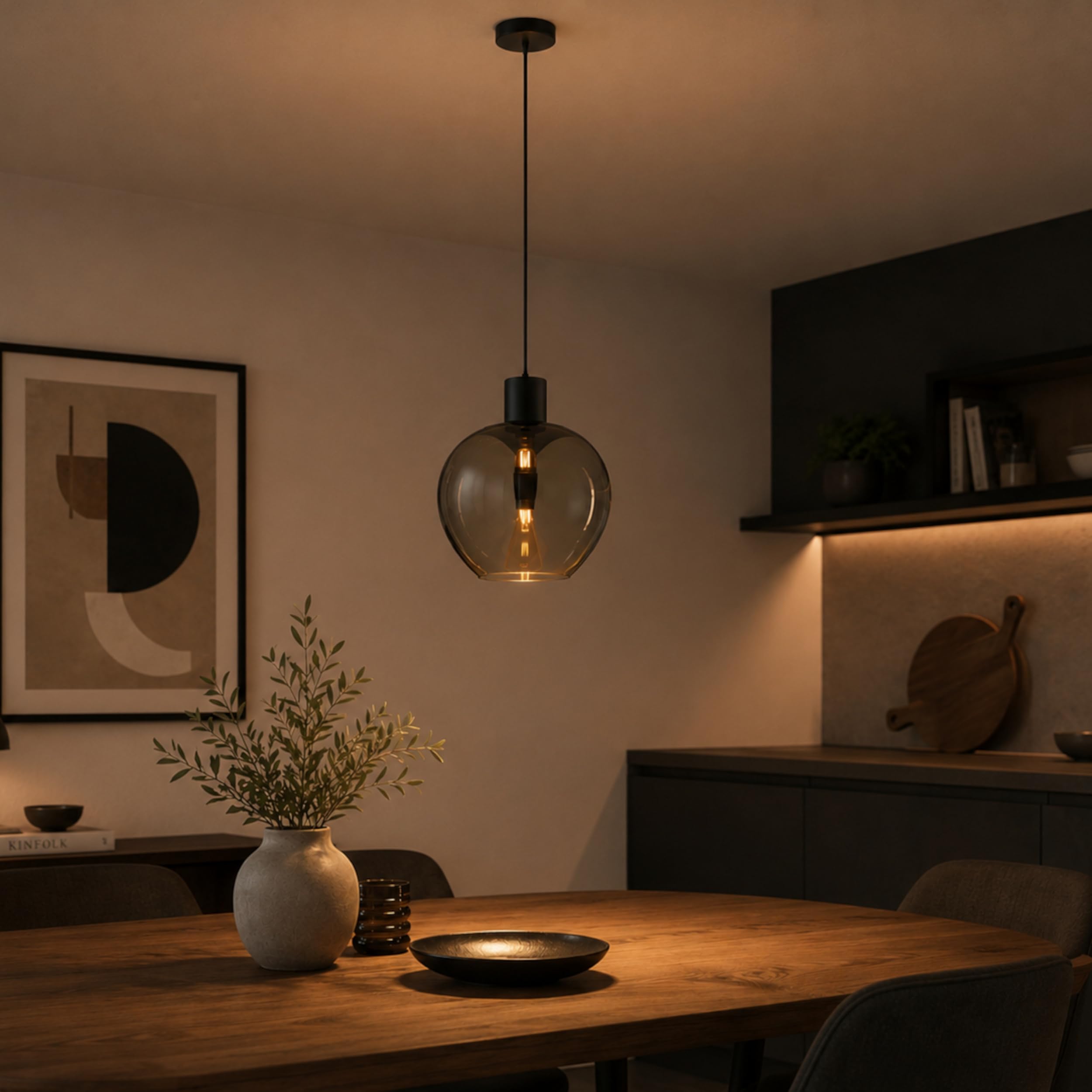 Lightbox Pendelleuchte, 1 x E27 Fassung, Höhe 150 cm, Ø 35 cm, in der Höhe kürzbar, Alluminio und Glas, Schwarz mit Rauchglas, moderno Hängeleuchte für Esszimmer, Wohnzimmer, Küche