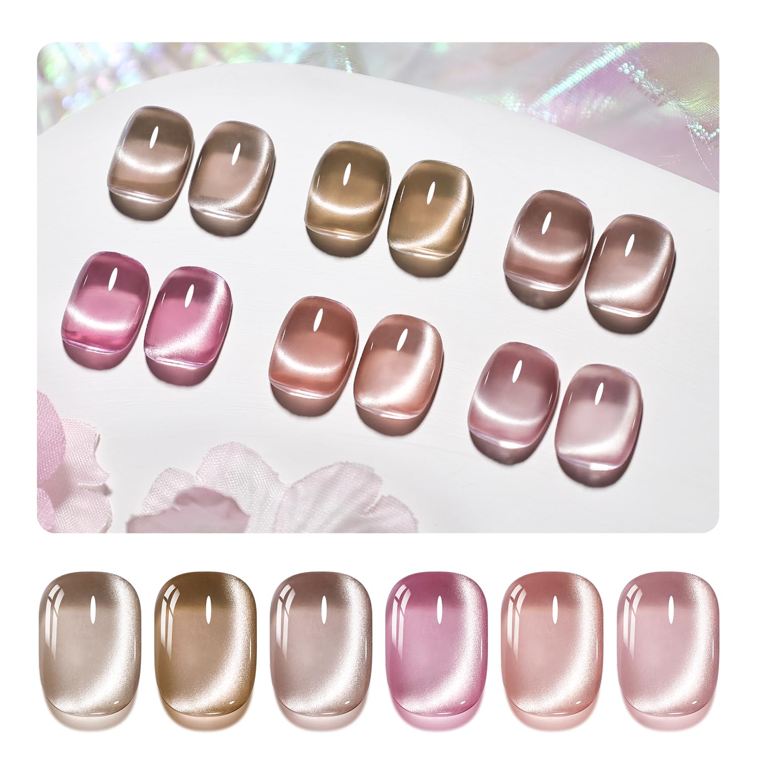 JODSONE 10ml Cat Eye Gel Nail Polish Set Pink Brown Collection 6 Colors for Holographic Glitter Cat Eye with Magnet at Home Salon Design Gift for