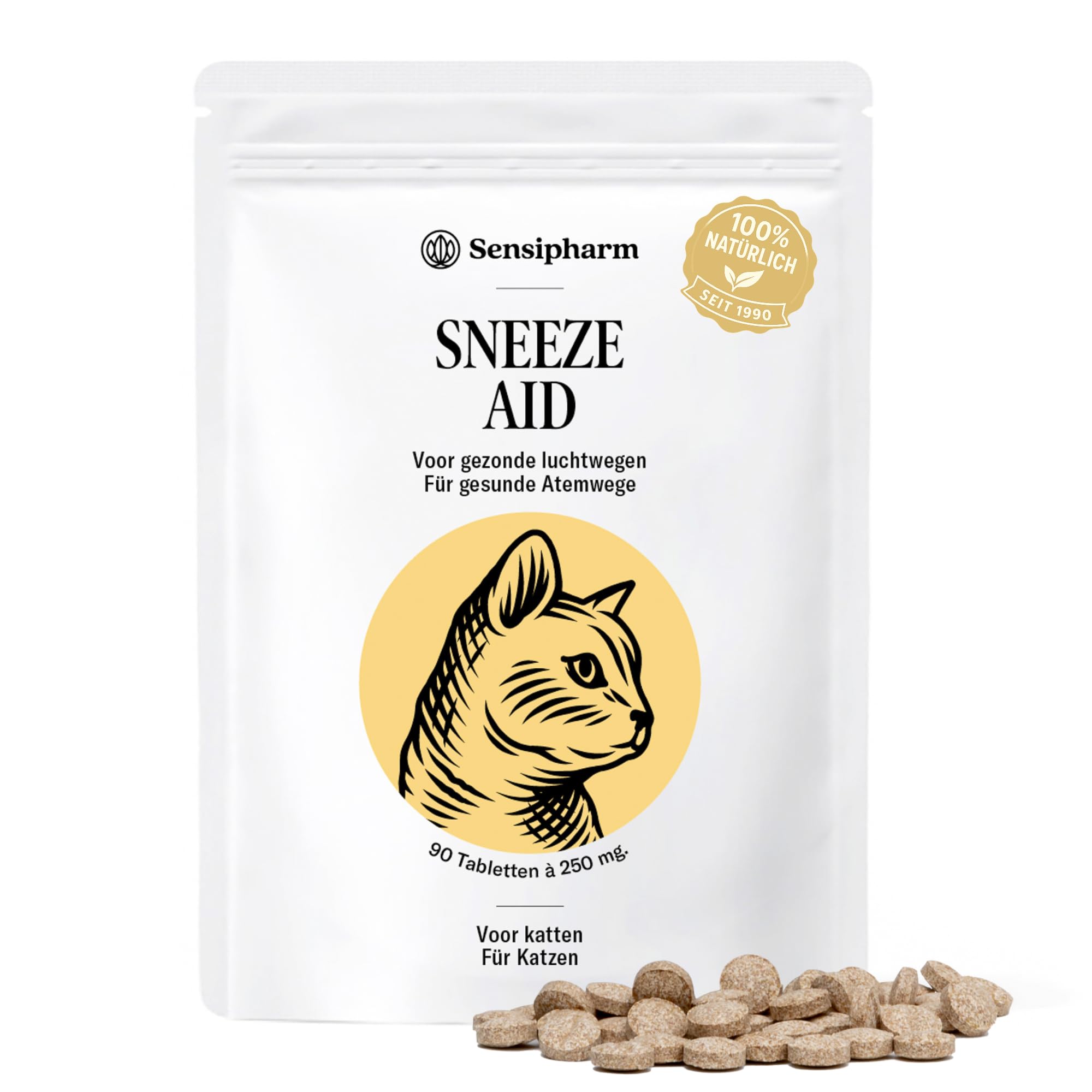 Sneeze Aid Kat - Suplemento dietético para la enfermedad del estornudo y los estornudos - 90 comprimidos de 250 mg