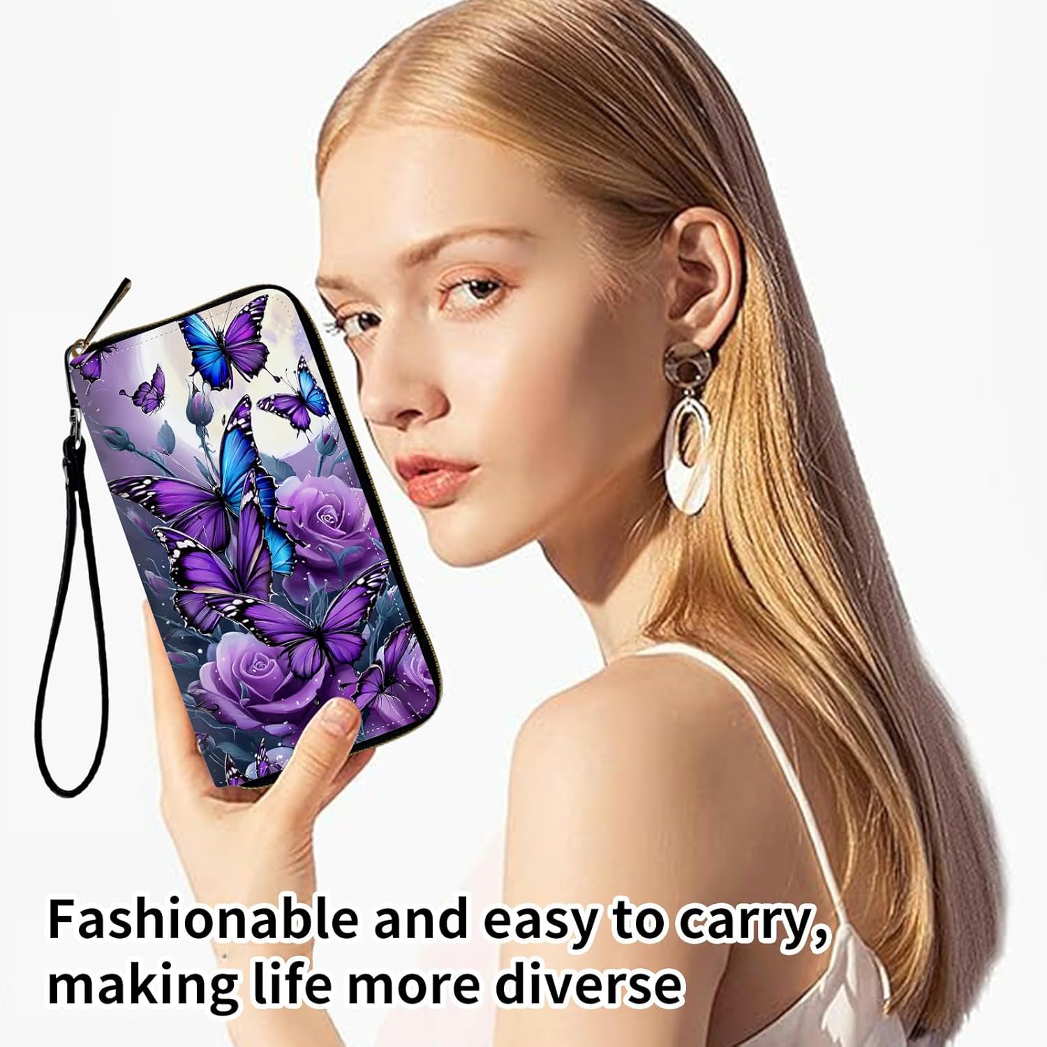 Women's Wallets,PU Leather Wristlet Wallet for Women,Card Holder Organizer Ladies Clutch with Zipper & Phone Holder-Purple Rose Butterflies - Image 7