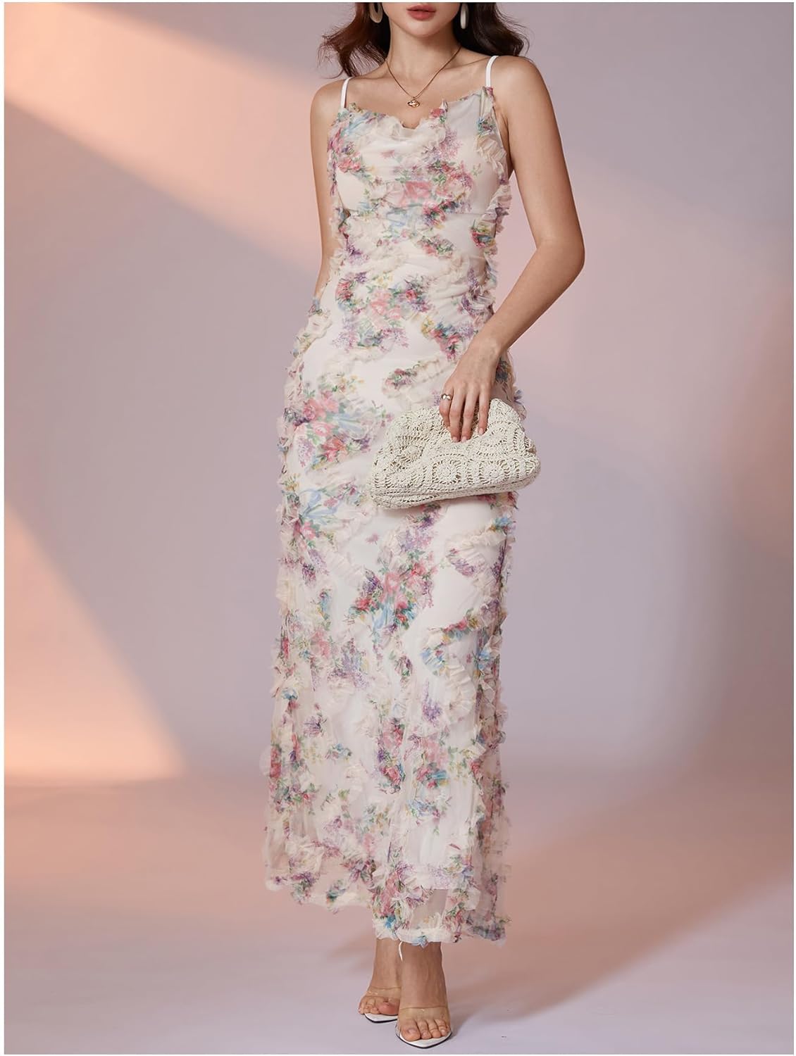 WDIRARA Women's Floral Mesh Bodycon Maxi Dress Frill Trim Sleeveless Fishtail Cami Dresses - Image 4