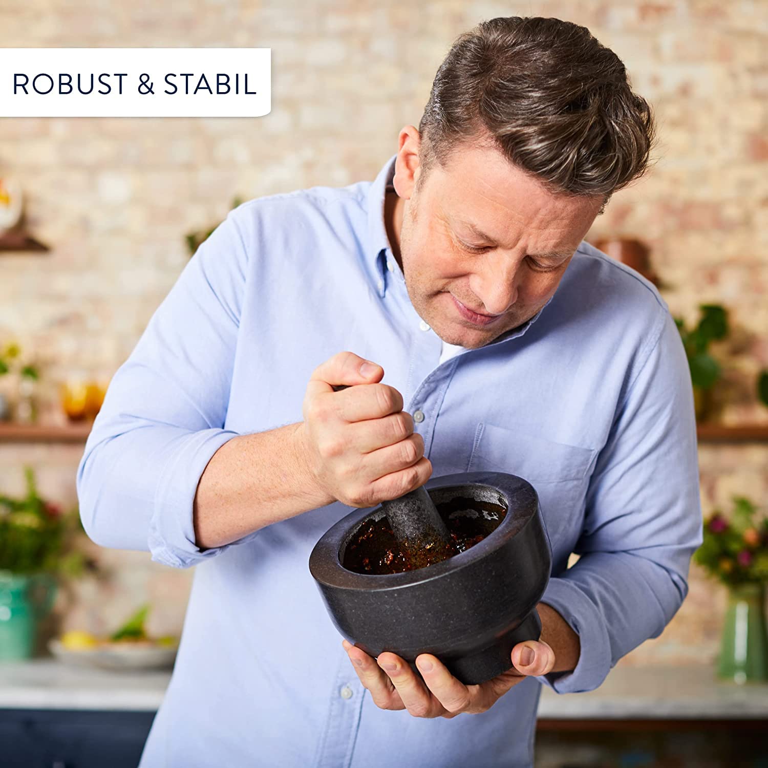 Jamie Oliver by Tefal Mörser und Stößel aus Granit, 14,5 cm Durchmesser, Kräuter und Gewürze zerkleinern, einfache Reinigung, K1823155
